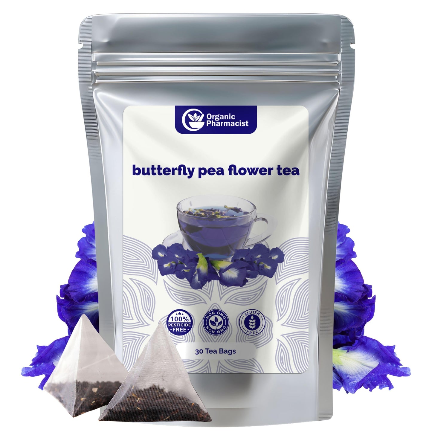 Organic Pharmacist Butterfly Pea Flower Tea Bags, Dried Purple Butterfly Flowers, Blue Butterfly Tea Bags, Vibrant Whole Flower Blue Herbal Tea