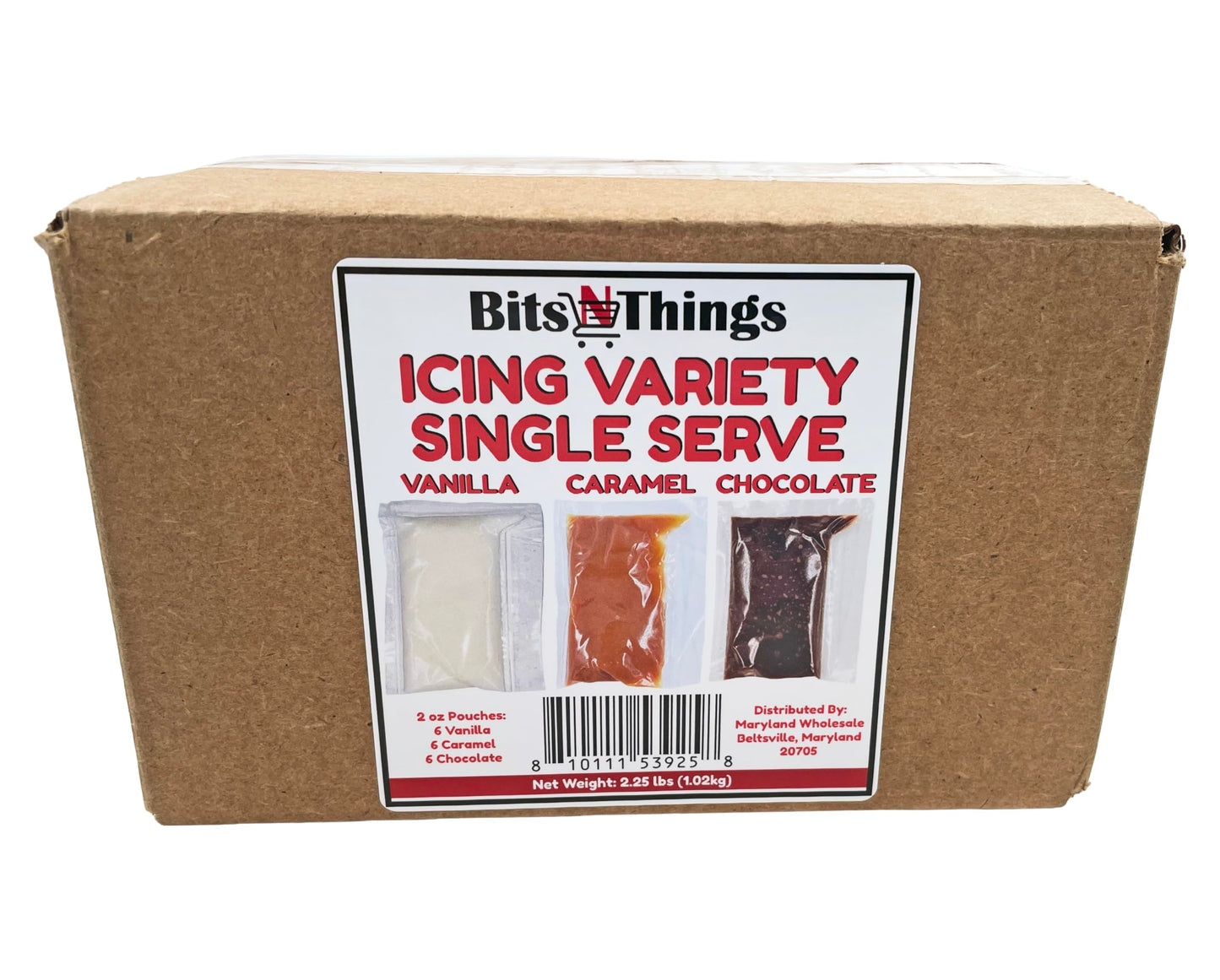 Bits N Things Icing Combo 2 oz. Packets | Chocolate, Vanilla, & Caramel | Gluten-Free & Kosher | Made in America | Dessert Topping & Decoration | 18