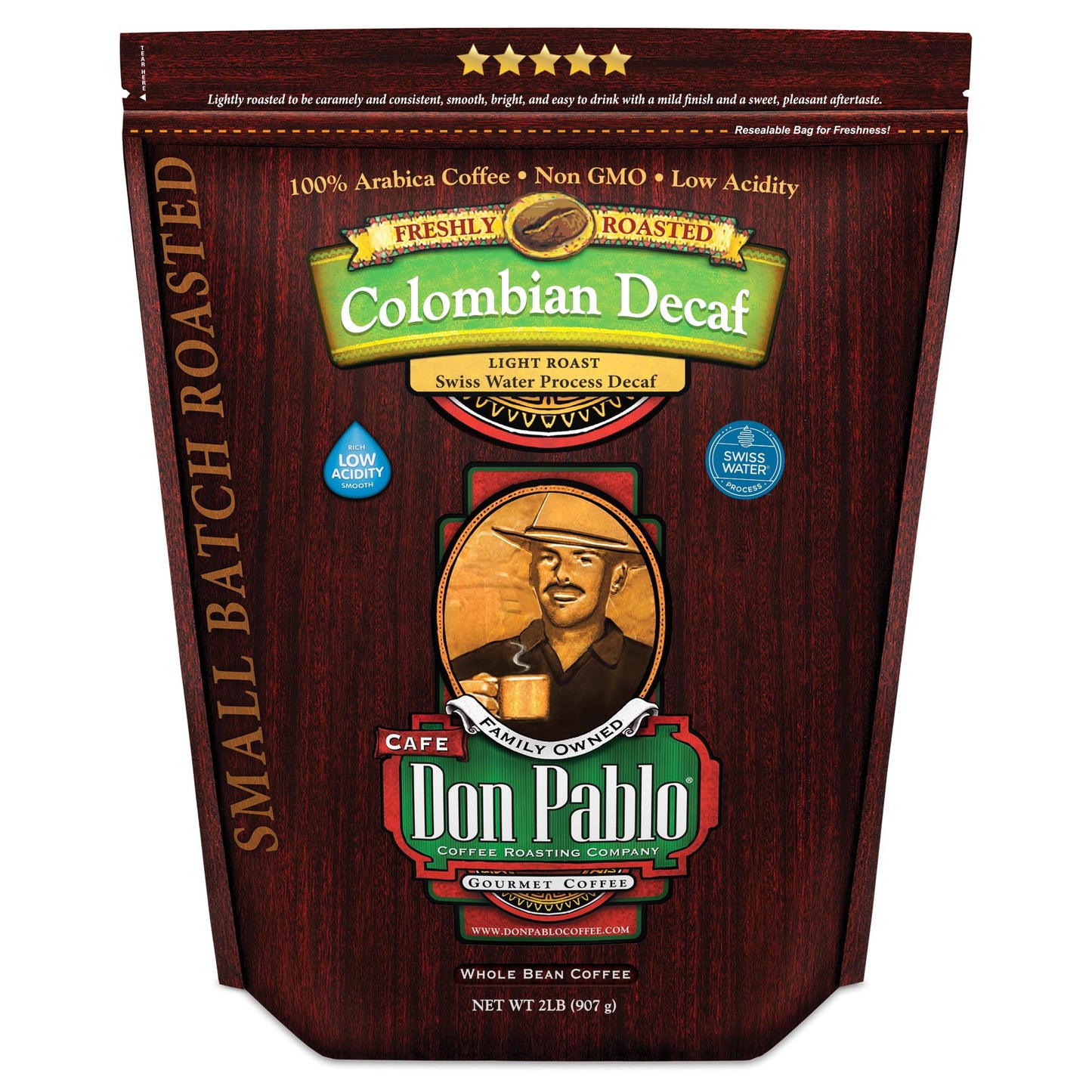 Don Pablo Colombian Decaf - Swiss Water Process Decaffeinated - Light Roast Gourmet Coffee - 100% Arabica Whole Bean, Non-GMO, Low Acidity, 907g (2LB)