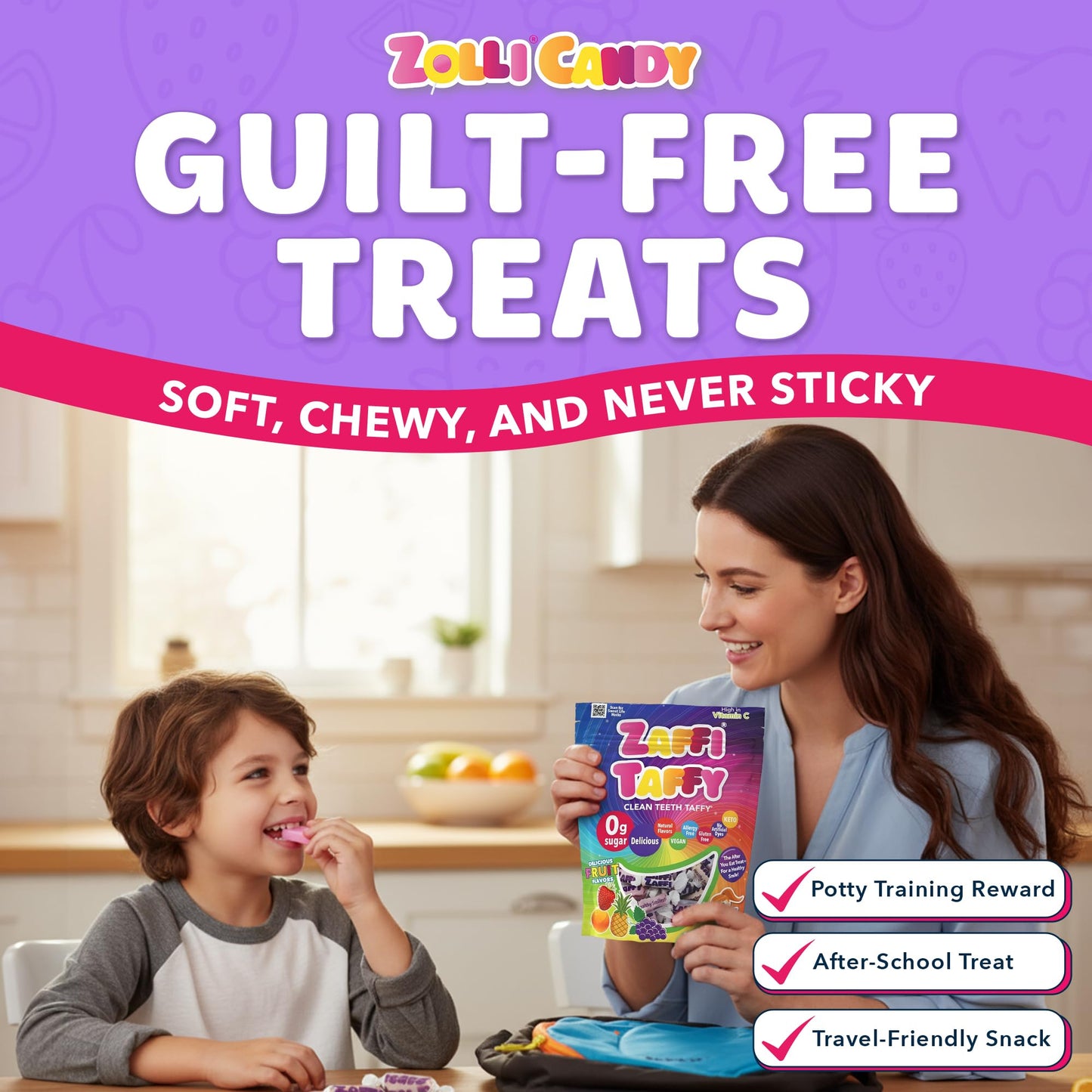 Zaffi Taffy Sugar Free Candy - Dye Free, Keto & Diabetic-Friendly, Dentist-Approved Treats for Kids (Natural Fruit Flavor, 3 oz)