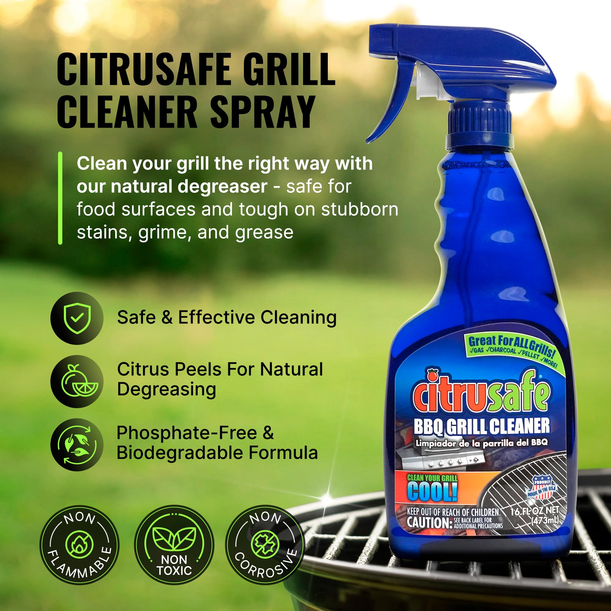 Citrusafe BBQ Grill Cleaner Spray for Outdoor Grill 16 OZ - Safe Heavy Duty Cleaner for Burnt Food & Grease - Degreases & Cleans Grates, Racks