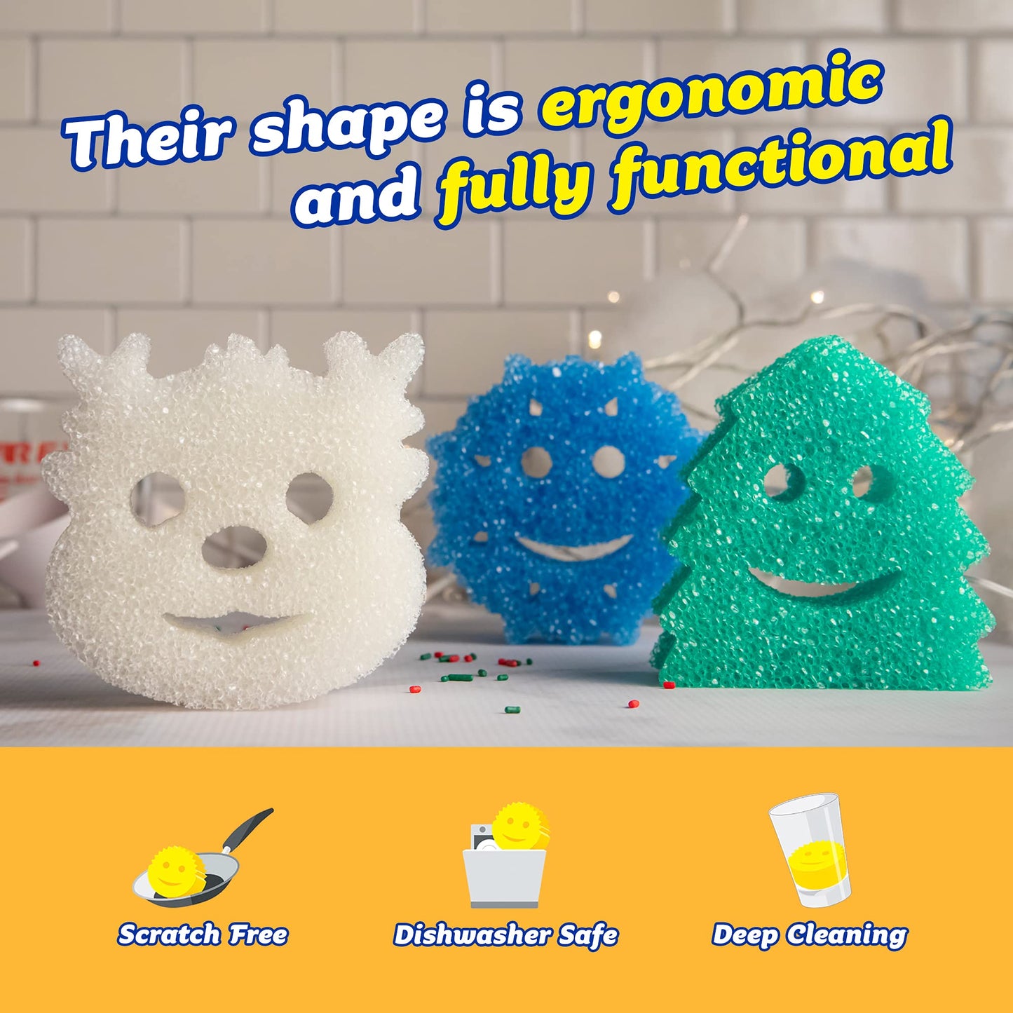 Scrub Daddy Sponge Set - Holiday Shapes - Non Scratch Scrubbers for Dishes and Home, Odor Resistant, Temperature Controlled, Soft in Warm Water, Firm