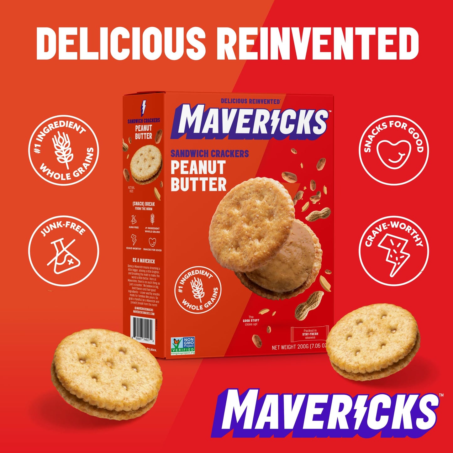 Mavericks Sandwich Crackers Peanut Butter - Plant-based Peanut Butter Sandwich Snack Crackers, Whole Grain, Non-GMO - Back to School - 7 oz Box (1