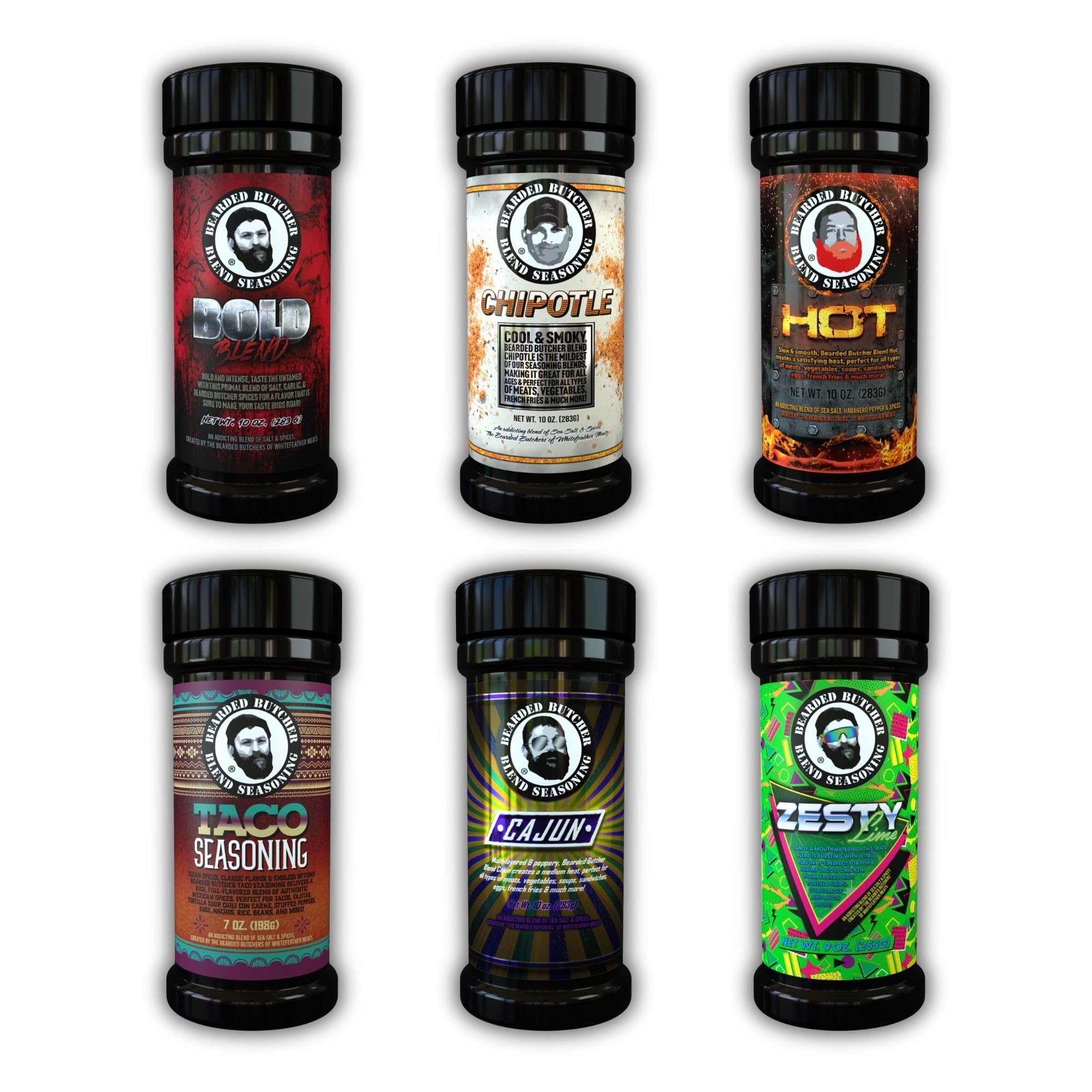 Bearded Butchers Mexican-Style Hot & Mild 6-Pack Seasoning Bundle - Bold, Chipotle, Hot, Taco, Cajun & Zesty Lime Blends - Gluten-Free, No MSG