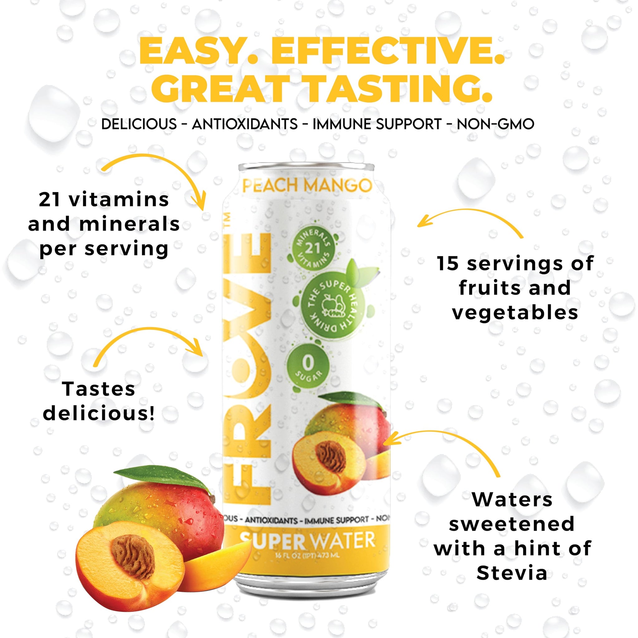 FrUve Super Water | Peach Mango Flavor | 12 16oz Cans | Healthy Drink | Zero Sugar | Low Calorie Drink | Powerful Antioxidants | Boosts Immune System