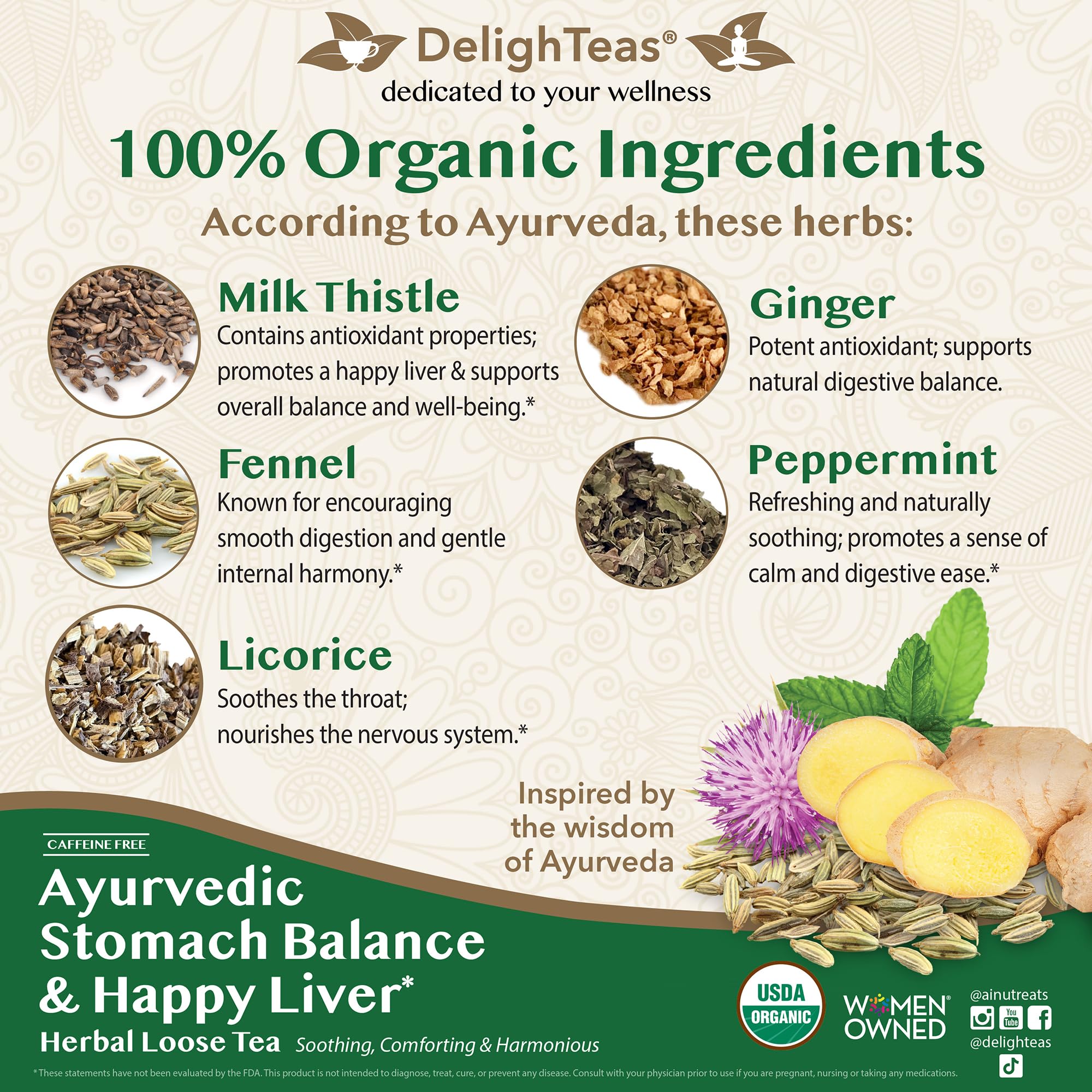 DelighTeas Stomach & Liver Tea | Ayurvedic Herbal Blend for Digestion | Organic Milk Thistle, Fennel, Ginger, Peppermint & Licorice | Vegan