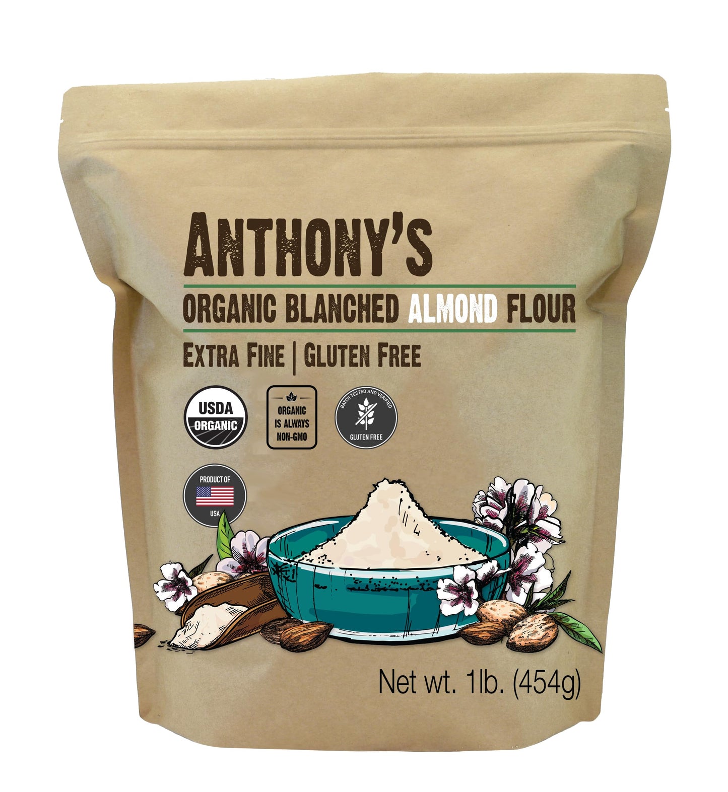 Anthony's Organic Almond Flour, 1 lb, Blanched, Gluten Free, Non GMO, Keto Friendly, Extra Fine, Low Carb