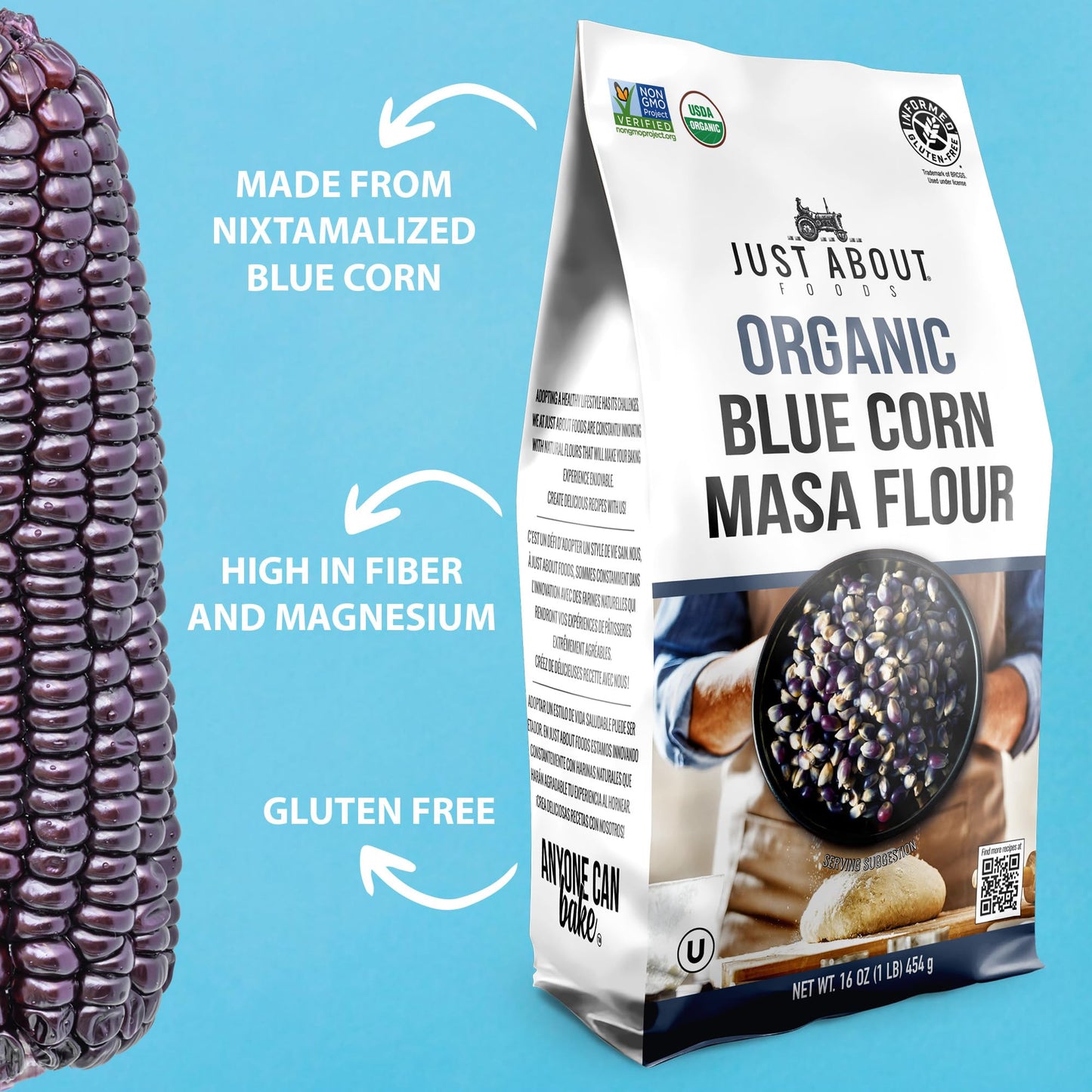 USDA Organic Blue Corn Flour 1lb, Flour for Tortillas, Sopes, and Mexican Dishes, Gluten-Free, Kosher and Vegan, Masa Flour for Baking, Just About