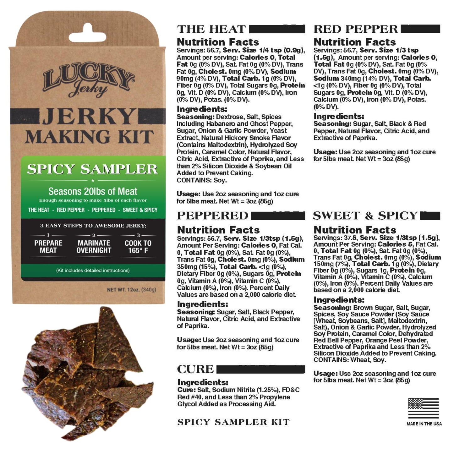 Lucky Jerky Ultimate Spicy DIY Jerky Seasoning Kit - 12oz - The Heat, Red Pepper, Black Pepper and Sweet & Spicy