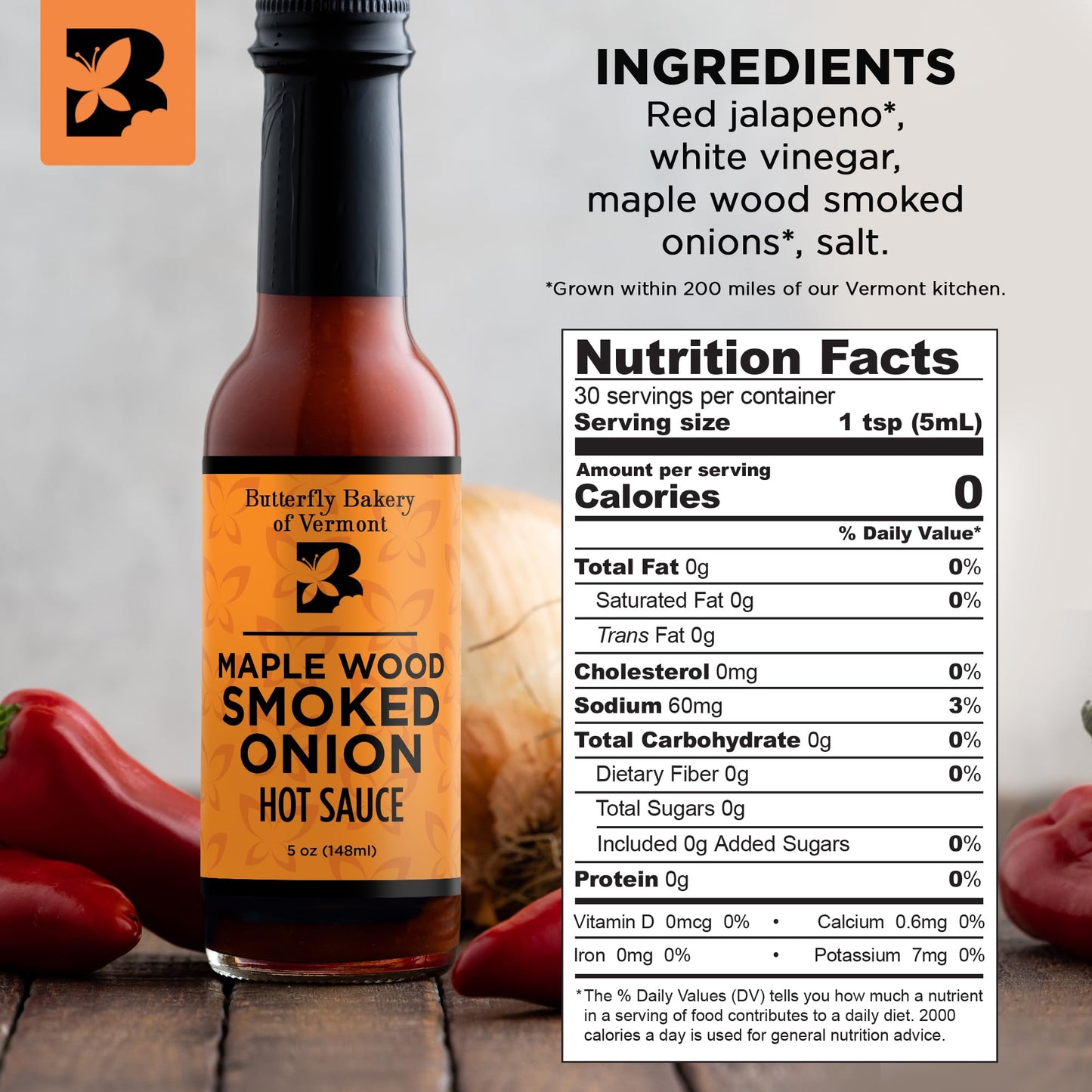 Butterfly Bakery of Vermont Maple Wood Smoked Onion Hot Sauce, 5 fl oz