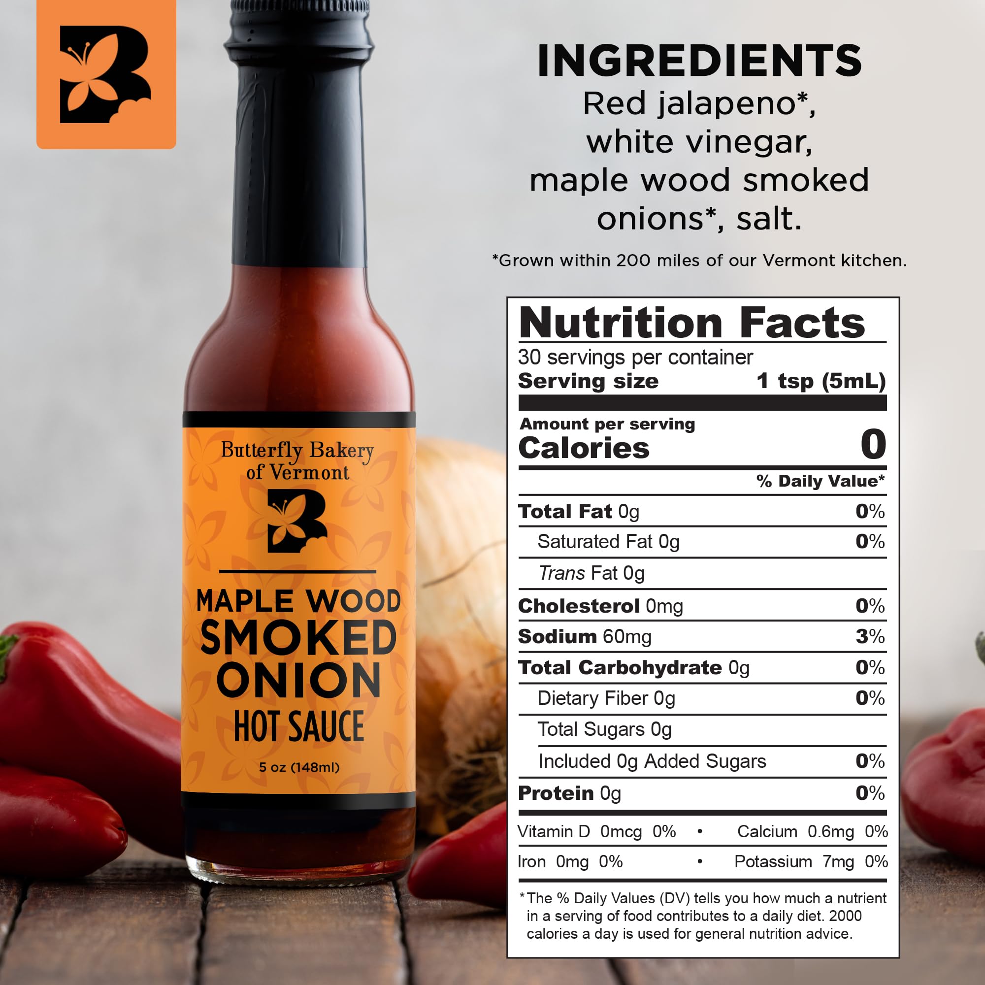 Butterfly Bakery of Vermont Maple Wood Smoked Onion Hot Sauce, 5 fl oz