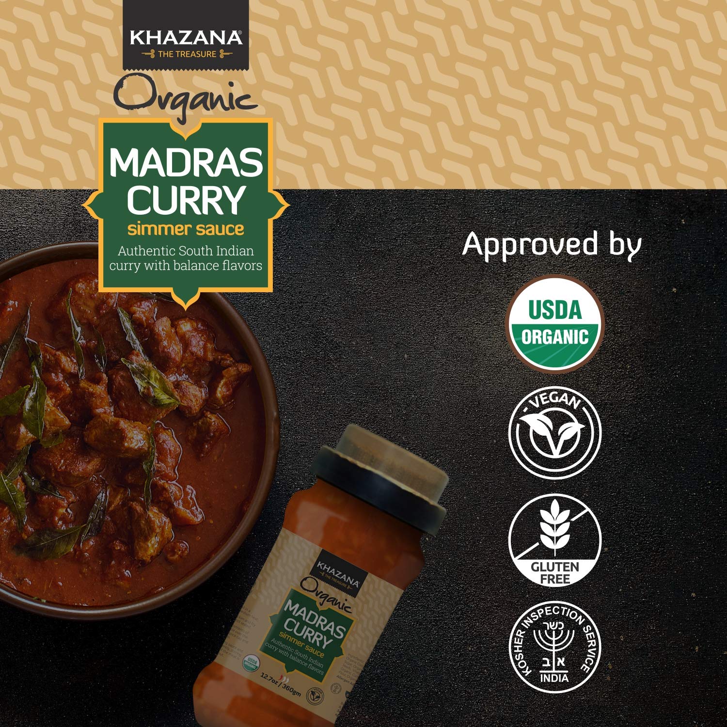 Khazana ORGANIC Madras Curry Indian Simmer Sauce - 6 x 12.7oz Jars | Non-GMO, Vegan, Gluten Free, Kosher | Authentic Indian Meals Made Easy at Home!
