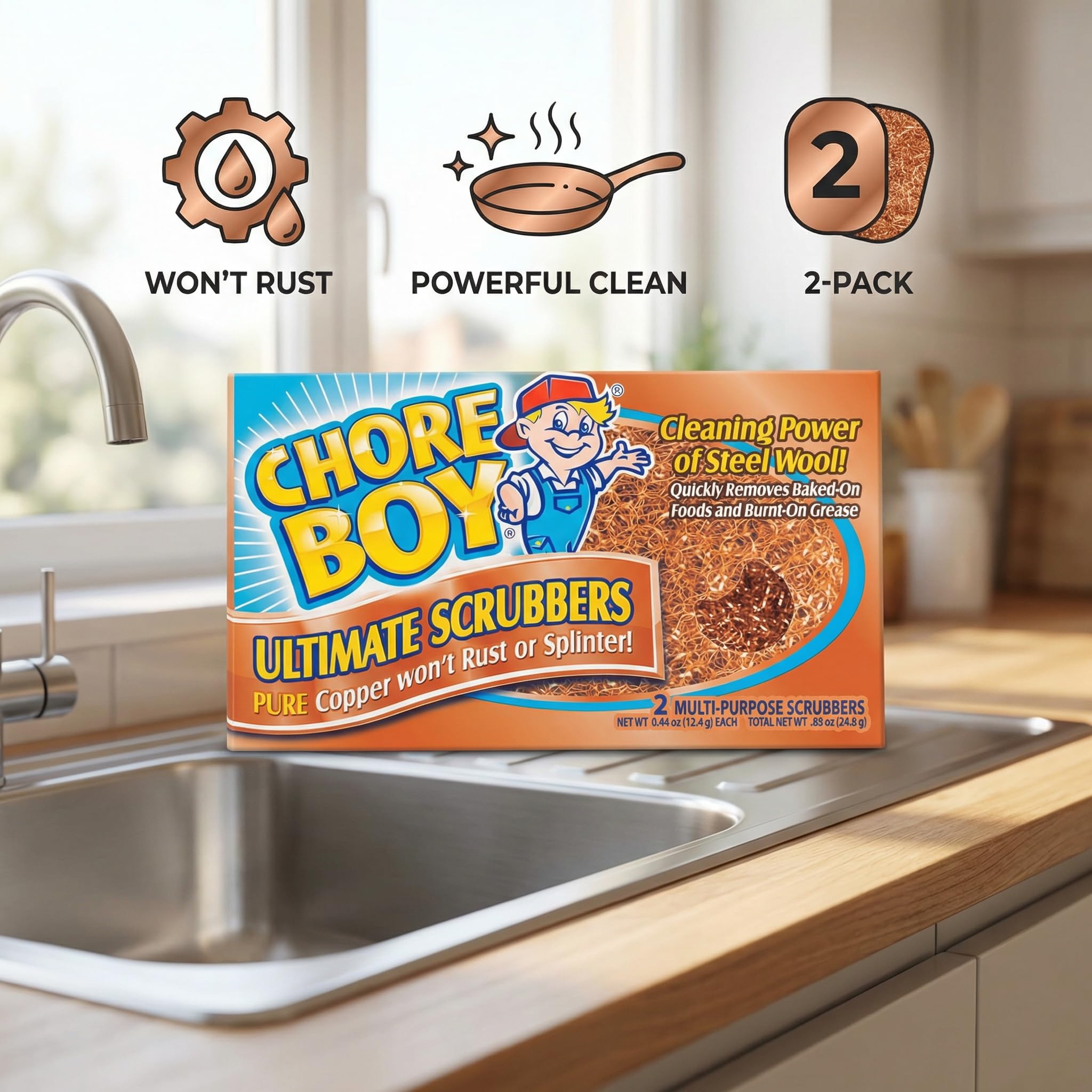 Chore Boy Heavy Duty Copper Scrubber for Pots and Pans 2 pk - Dish Scrub Pad & Cast Iron Cleaner - Scouring Pads - Steel Wool Alternative - 3 Pack