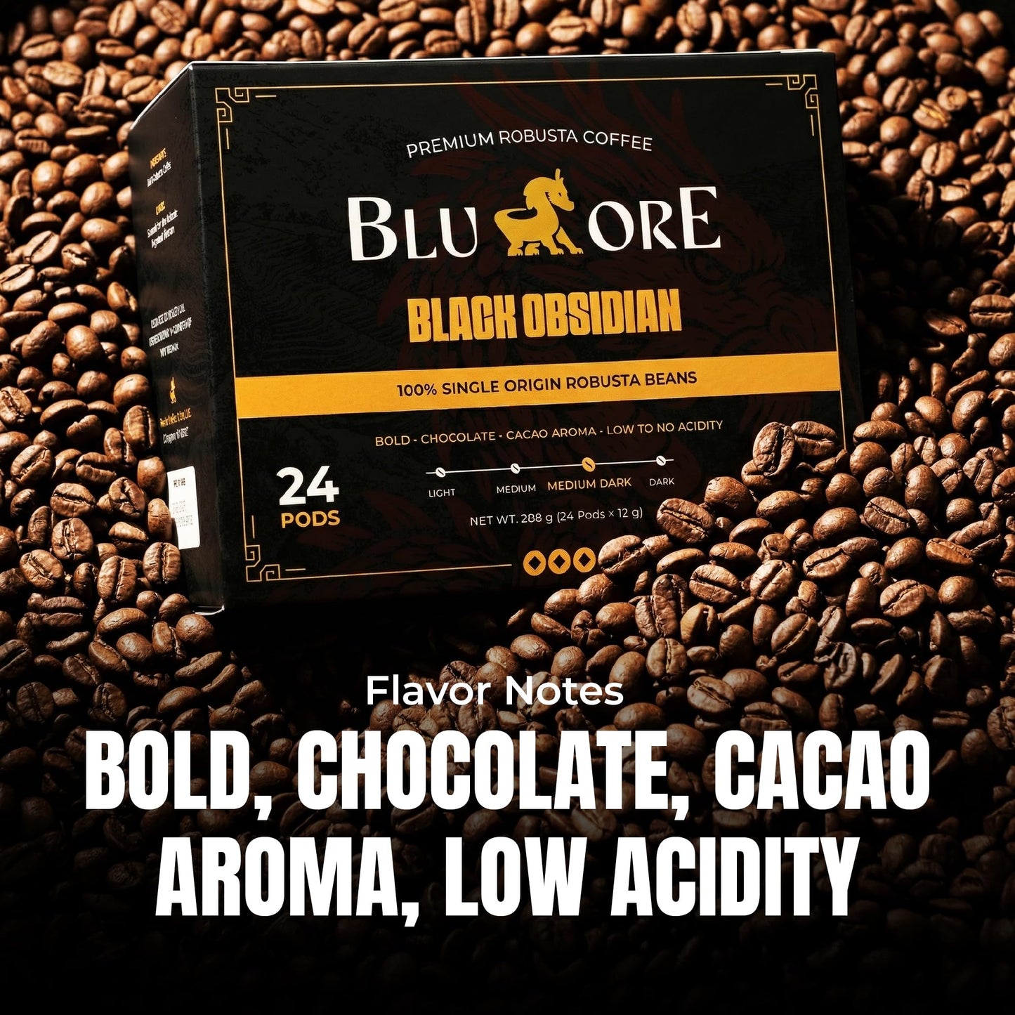 Blu Ore Black Obsidian K Cup Coffee Pods - High Caffeine Vietnamese Robusta Coffee Pods, Compatible with most K-Cup brewers, Bold Chocolate & Cacao