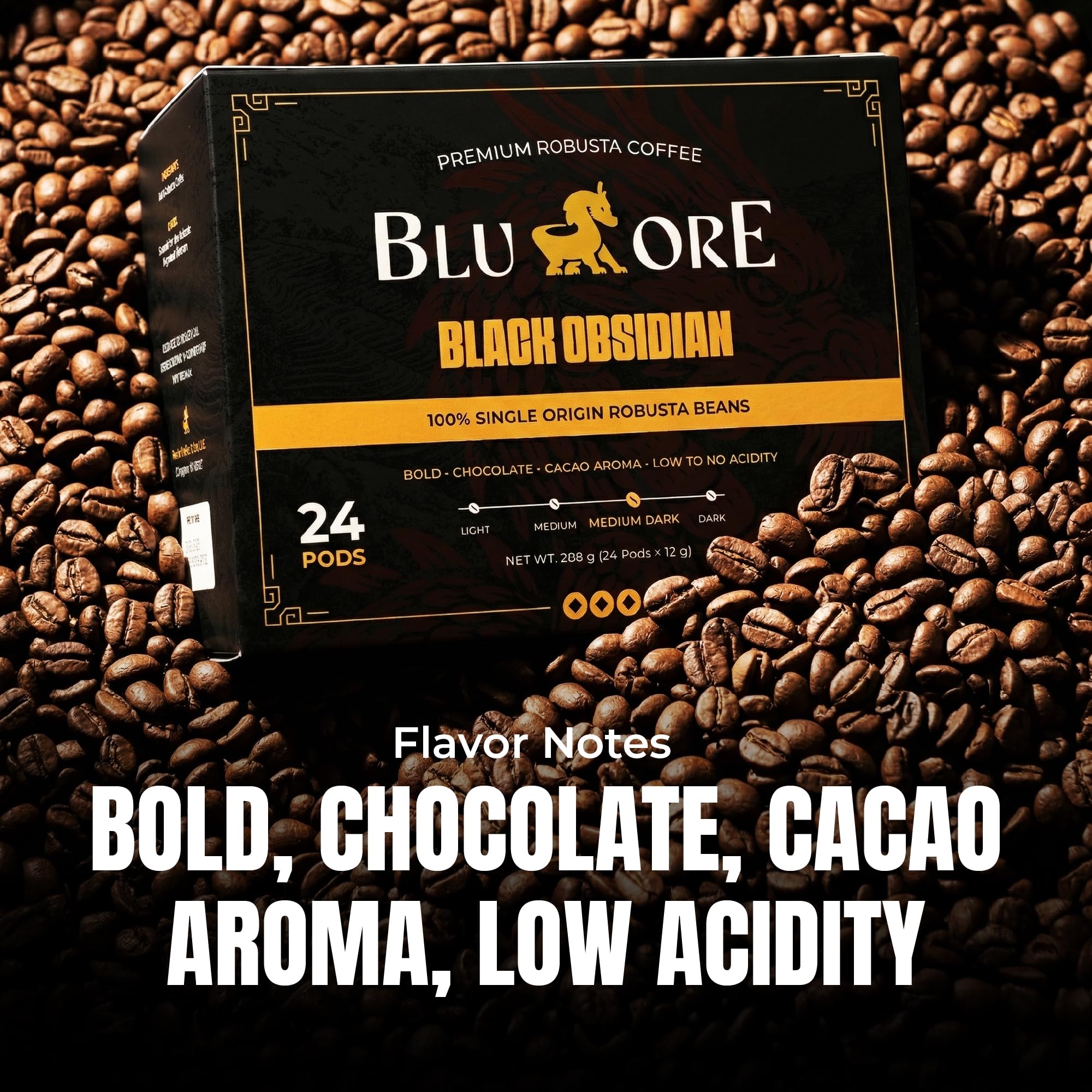Blu Ore Black Obsidian K Cup Coffee Pods - High Caffeine Vietnamese Robusta Coffee Pods, Compatible with most K-Cup brewers, Bold Chocolate & Cacao