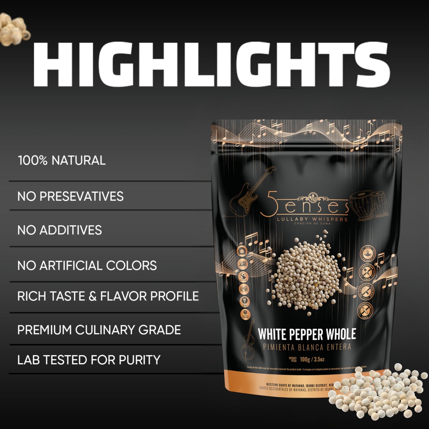 5Senses Malabar Whole White Pepper | Pimienta Blanca | Lullaby Whispers | 100% Natural, Non-GMO, Fairtrade Whole Spices, Gourmet Spice, Kosher