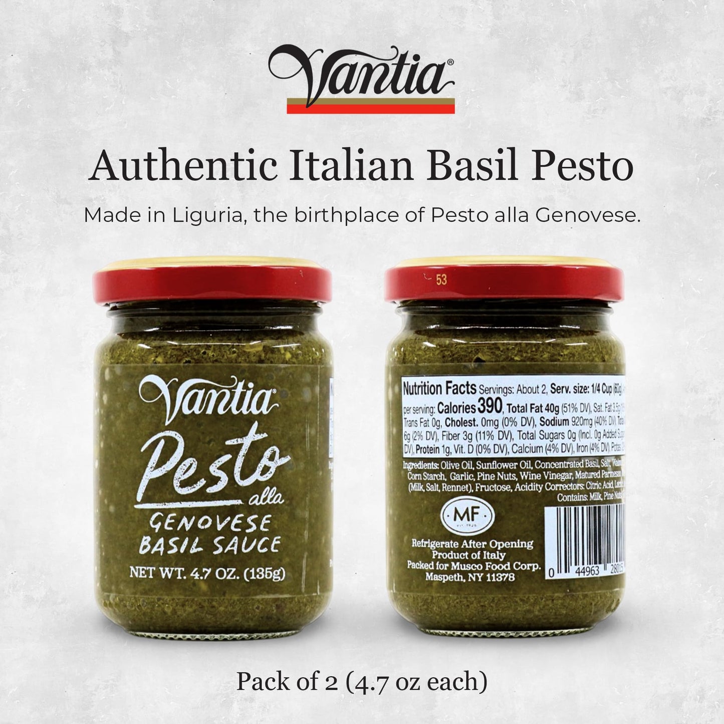 Vantia Pesto Alla Genovese Basil Sauce 4.7 oz (Pack of 2) | Made in Italy with Fresh Basil Olive Oil Pine Nuts Garlic and Parmesan | Perfect for Pasta