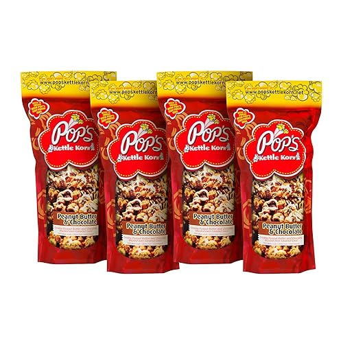 Pop's Kettle Korn- Peanut Butter and Chocolate| 4-Pack Peanut Butter and Chocolate- Gluten-Free, Whole Grain, Hand-Popped, Large