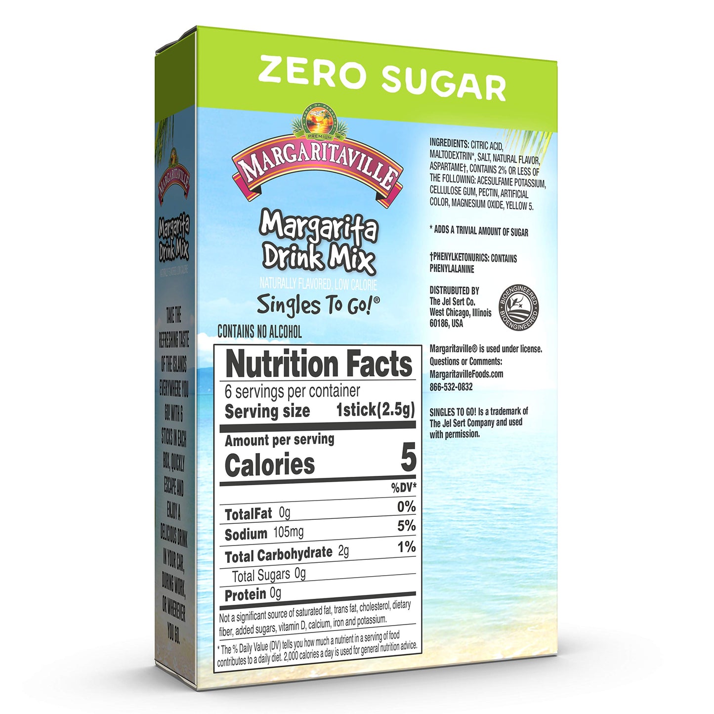 Margaritaville, Singles To Go Water Drink Mix Flavored NonAlcoholic Powder Sticks 6 Count, Margarita, 0.55 Ounce