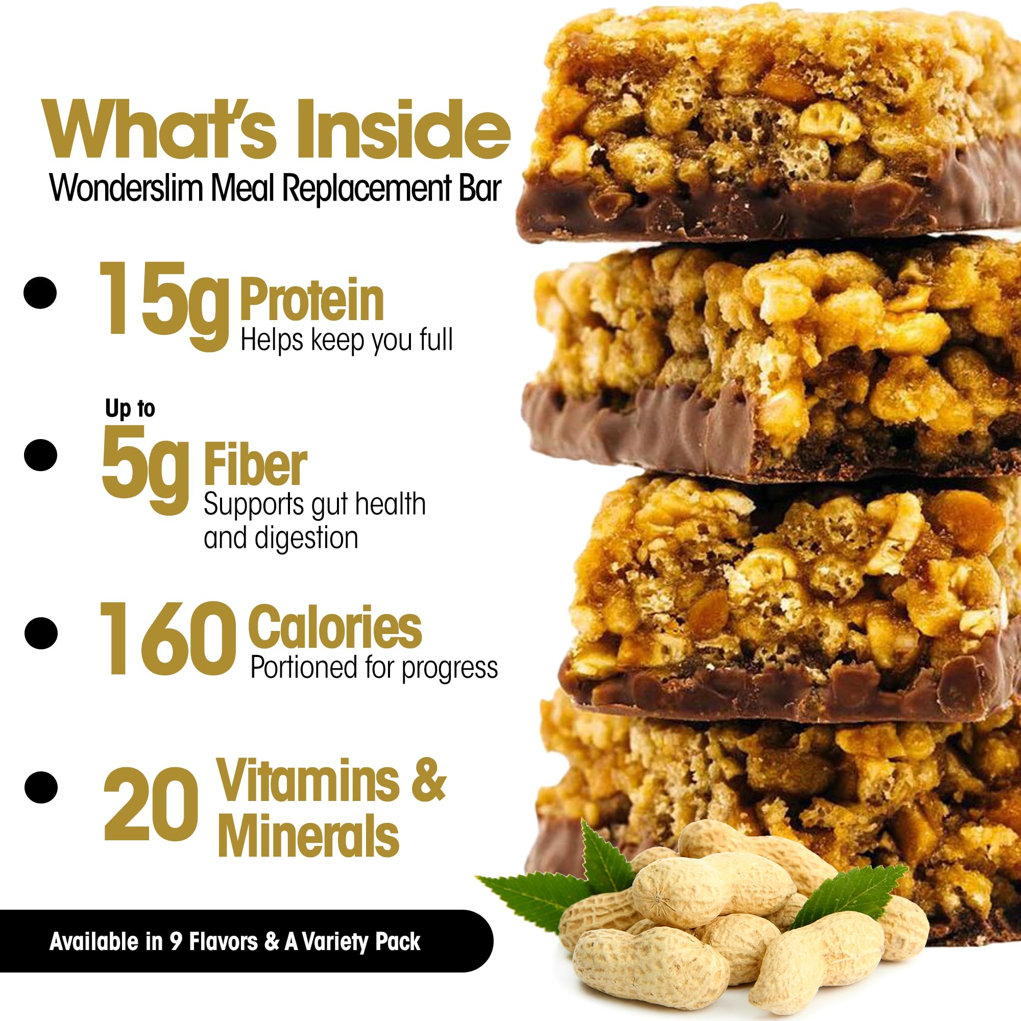 WonderSlim Meal Replacement Protein Bar, Peanut, 15g Protein, 20 Vitamins & Minerals, Gluten Free (7ct)
