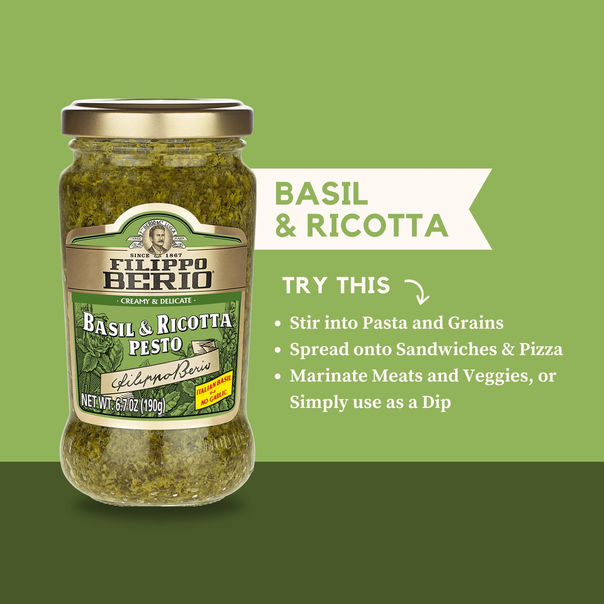 Filippo Berio Pesto, Basil & Ricotta, 6.7 Ounce Glass Jar, Gluten Free, Non-GMO