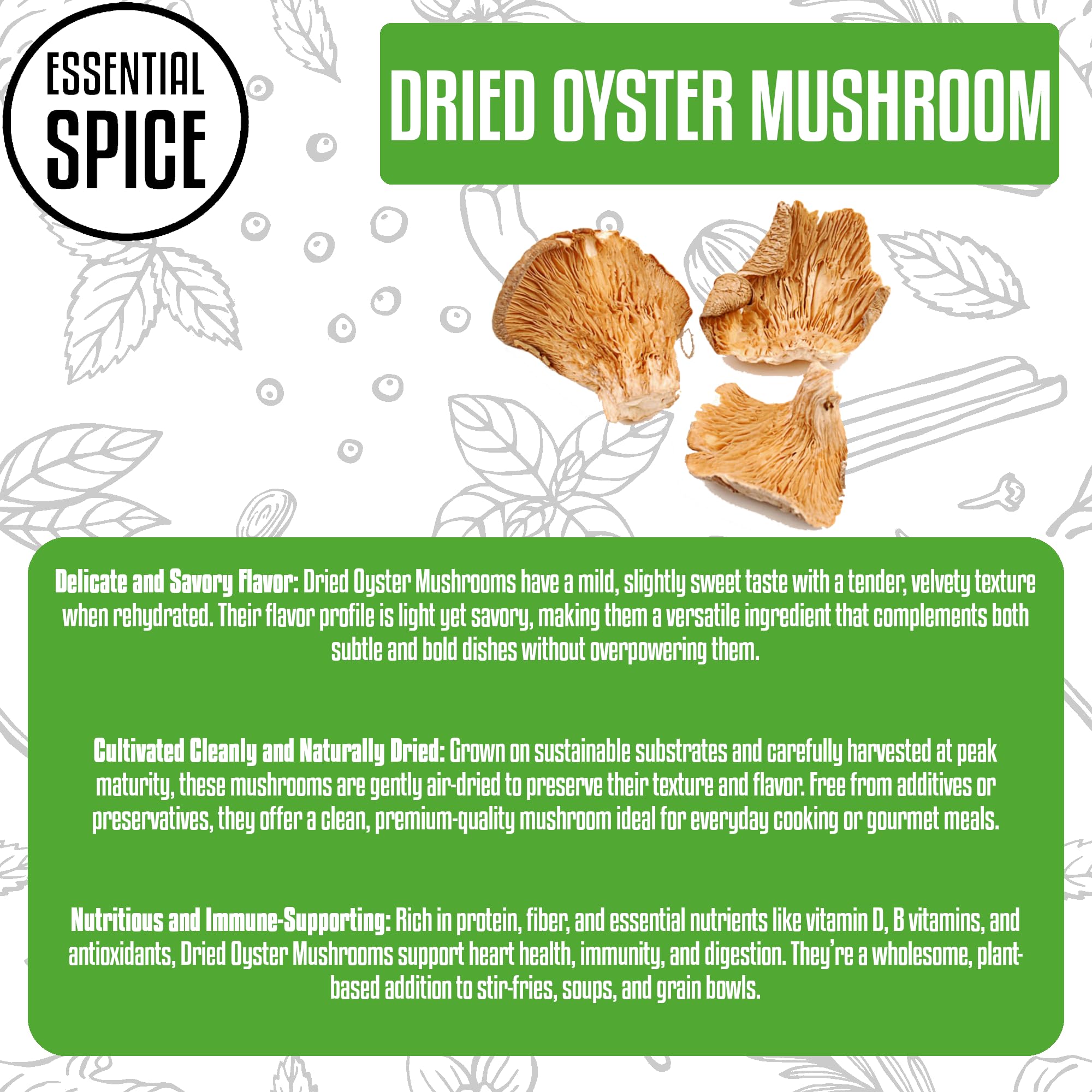 Essential Spice Dried Organic Oyster Mushrooms, 5 lb - Whole, Delicate Umami Flavor, Premium Quality - Ideal for Stir-Fries, Soups, Sauces & Broths
