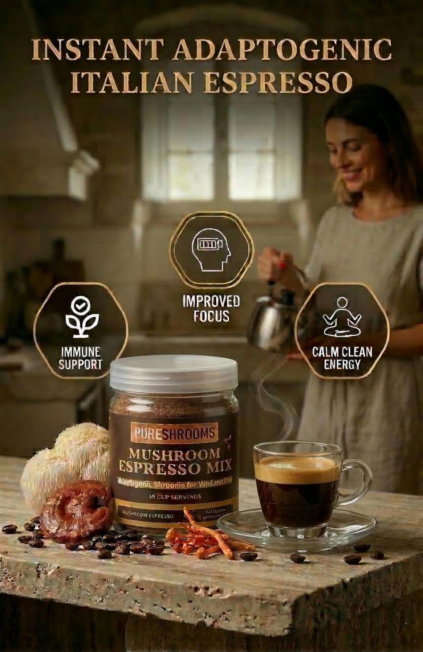 PureShrooms Instant Mushroom Espresso Blend - Organic Adaptogenic Coffee with Lion's Mane, Reishi, Cordyceps - Arabica & Robusta Blend, 70g - Mental