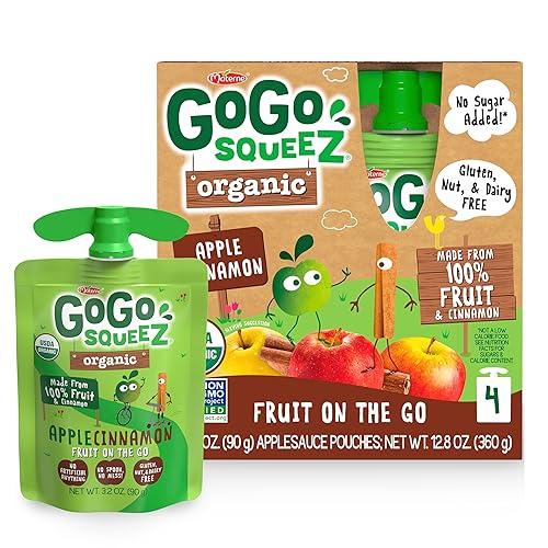 GoGo squeeZ Organic Applesauce and Fruit Puree, Apple Cinnamon, 3.2 oz (Pack of 4), Unsweetened Organic Fruit Snacks for Kids, Gluten Free, Nut Free
