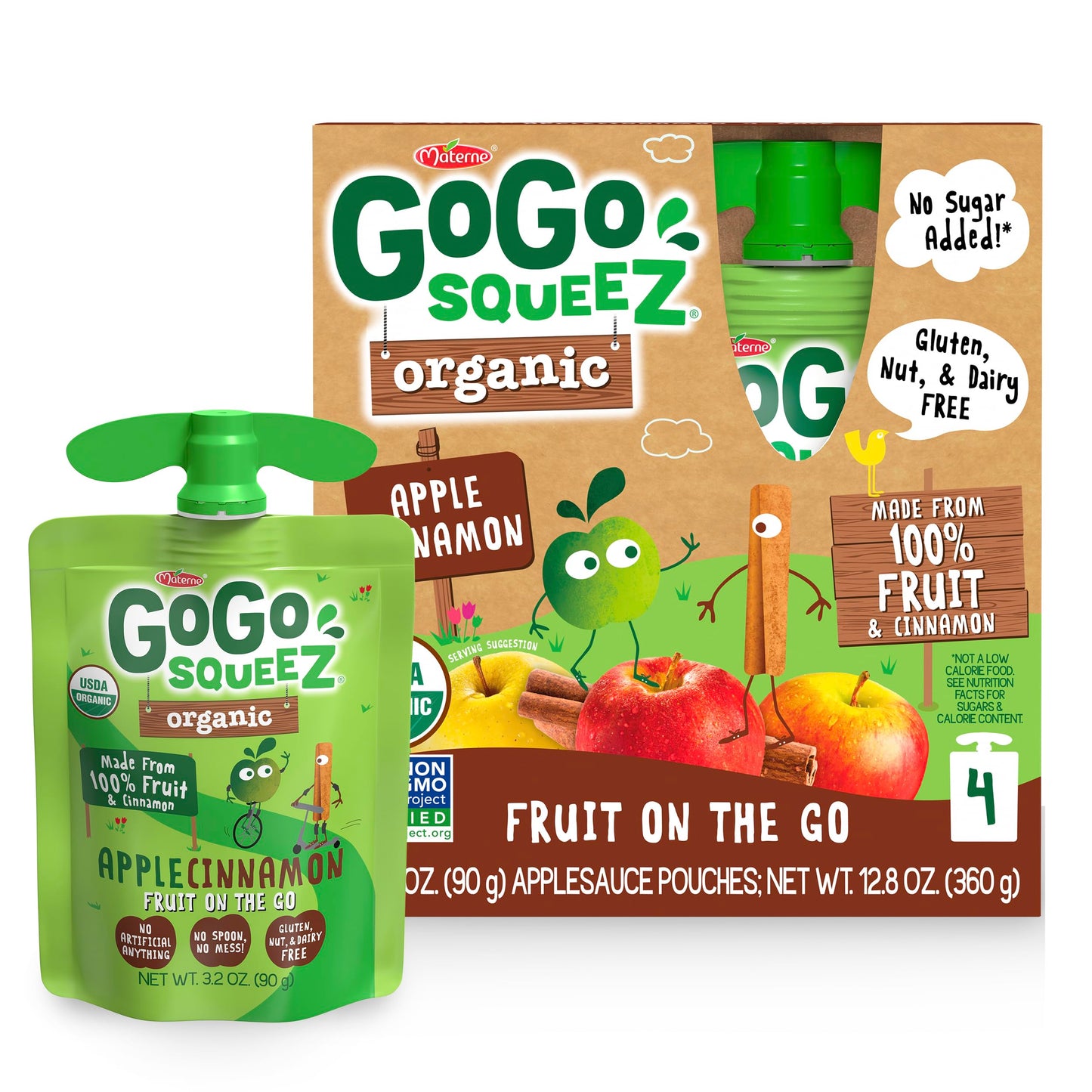 GoGo squeeZ Organic Applesauce and Fruit Puree, Apple Cinnamon, 3.2 oz (Pack of 4), Unsweetened Organic Fruit Snacks for Kids, Gluten Free, Nut Free