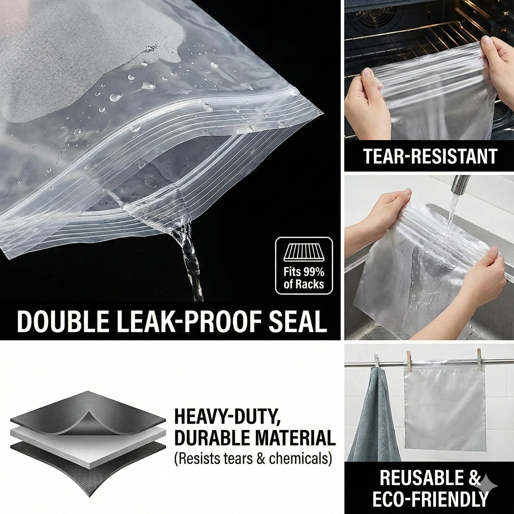 Oven Rack Cleaning Bags 5 Pack, No Scrub Reusable Leakproof Soaking Bags for Grill Grates, BBQ Racks, Stove Grates - Easy Soak & Rinse, No Cleaner