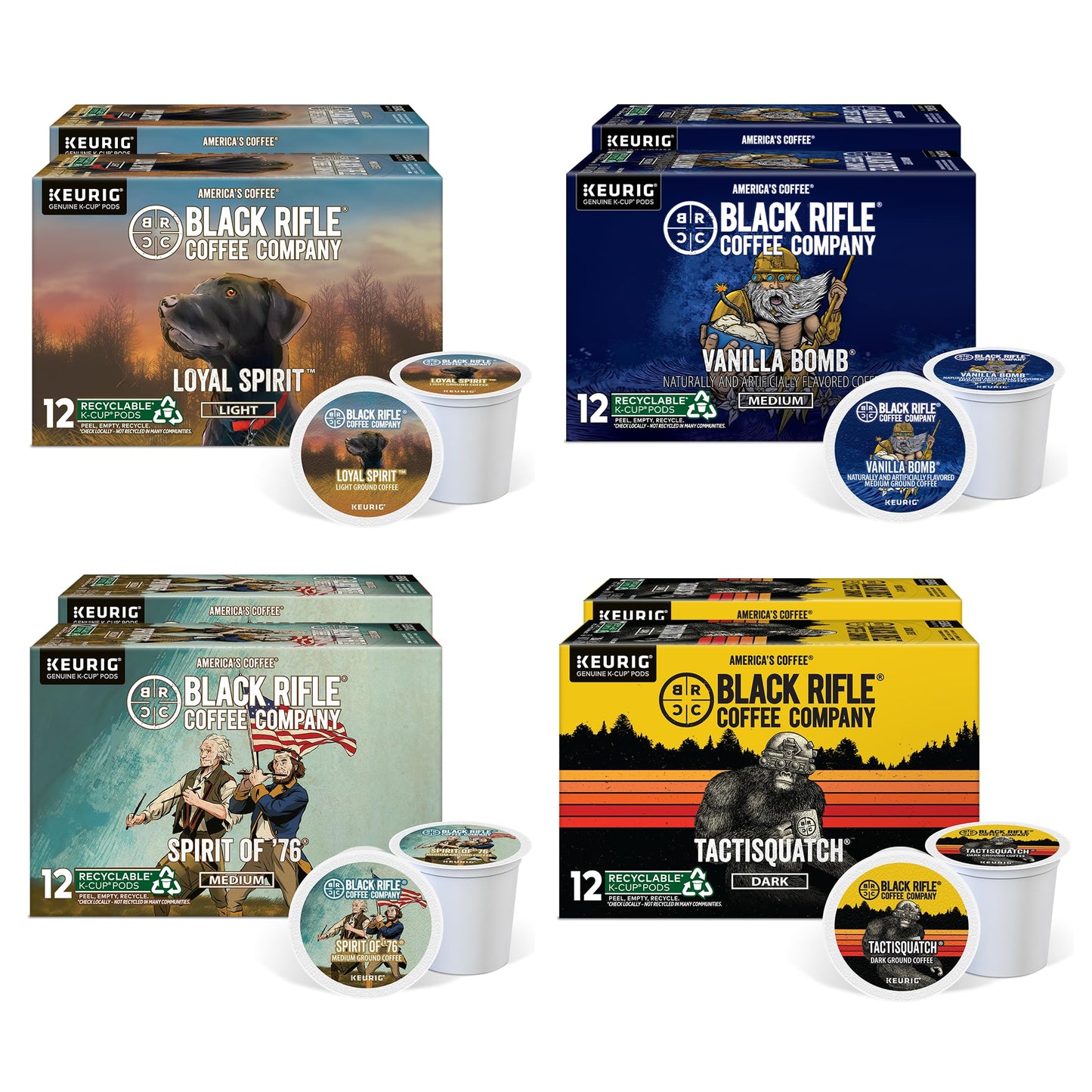 Black Rifle Coffee Flavored Variety 96 Pods - Loyal Spirit (Light Roast), Vanilla Bomb & Spirit of 76' (Medium Roast), and Tactisquatch (Dark Roast)