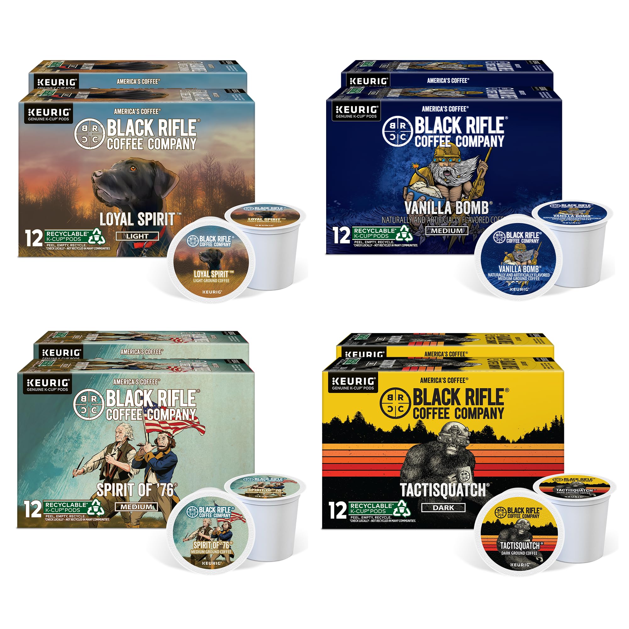 Black Rifle Coffee Flavored Variety 96 Pods - Loyal Spirit (Light Roast), Vanilla Bomb & Spirit of 76' (Medium Roast), and Tactisquatch (Dark Roast)