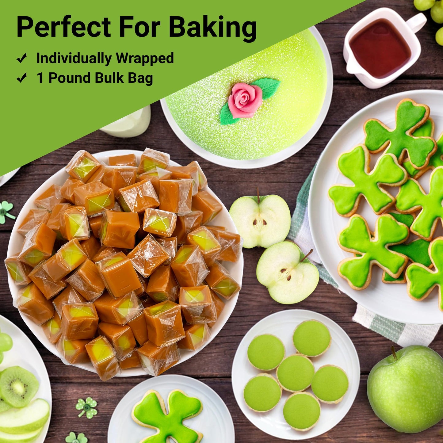 Caramel Cubes Candy Green Apple Filling - 1 Pound Bulk Bag - Individually Wrapped, Caramel Chews Soft Classic Chewy Candy, For all Holidays And Any