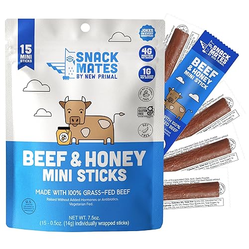 New Primal Snack Mates Beef & Honey Sticks, Healthy Snacks for Kids, Low Sugar High Protein Back to School Snacks, Gluten Free, Mini Jerky Meat Stick