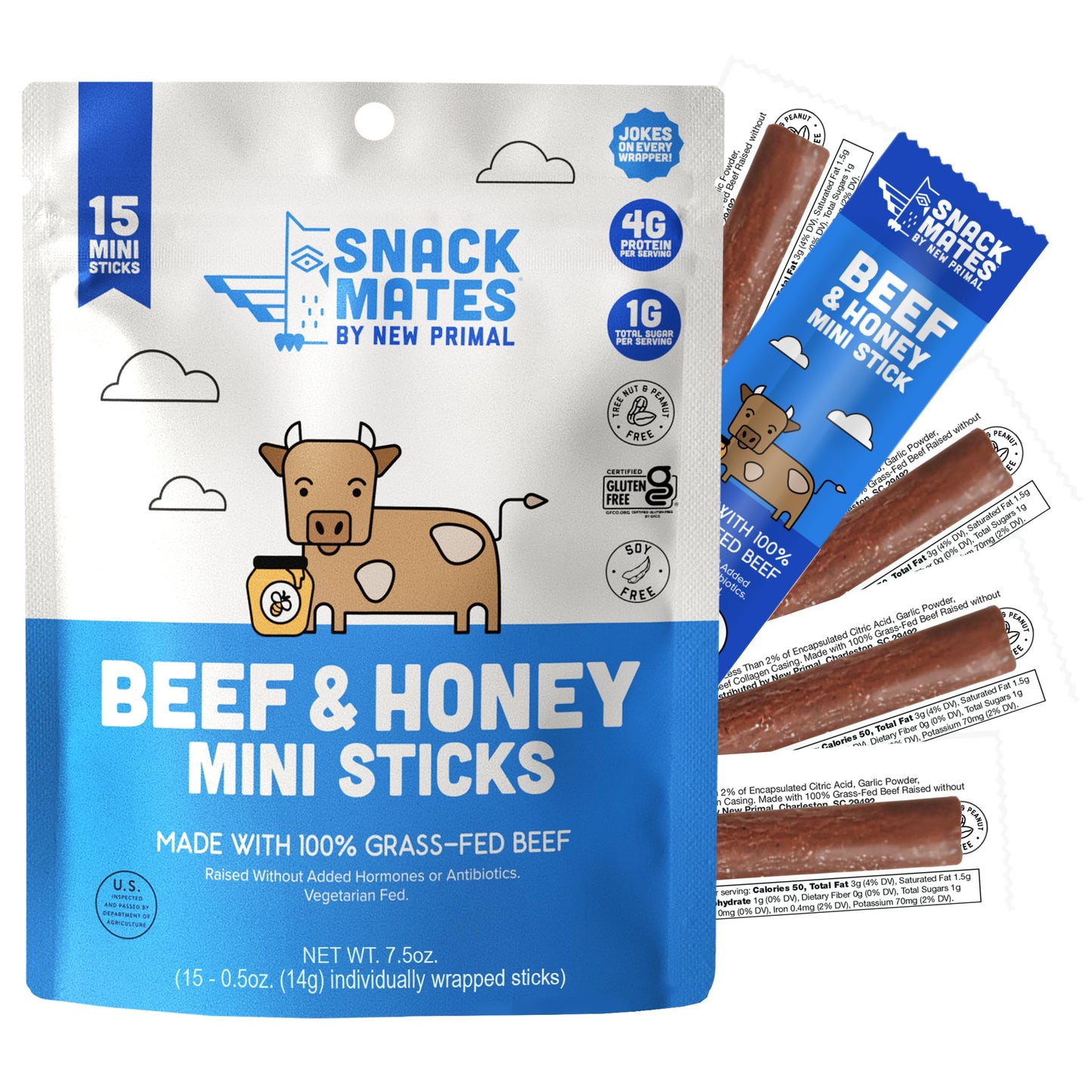 New Primal Snack Mates Beef & Honey Sticks, Healthy Snacks for Kids, Low Sugar High Protein Back to School Snacks, Gluten Free, Mini Jerky Meat Stick