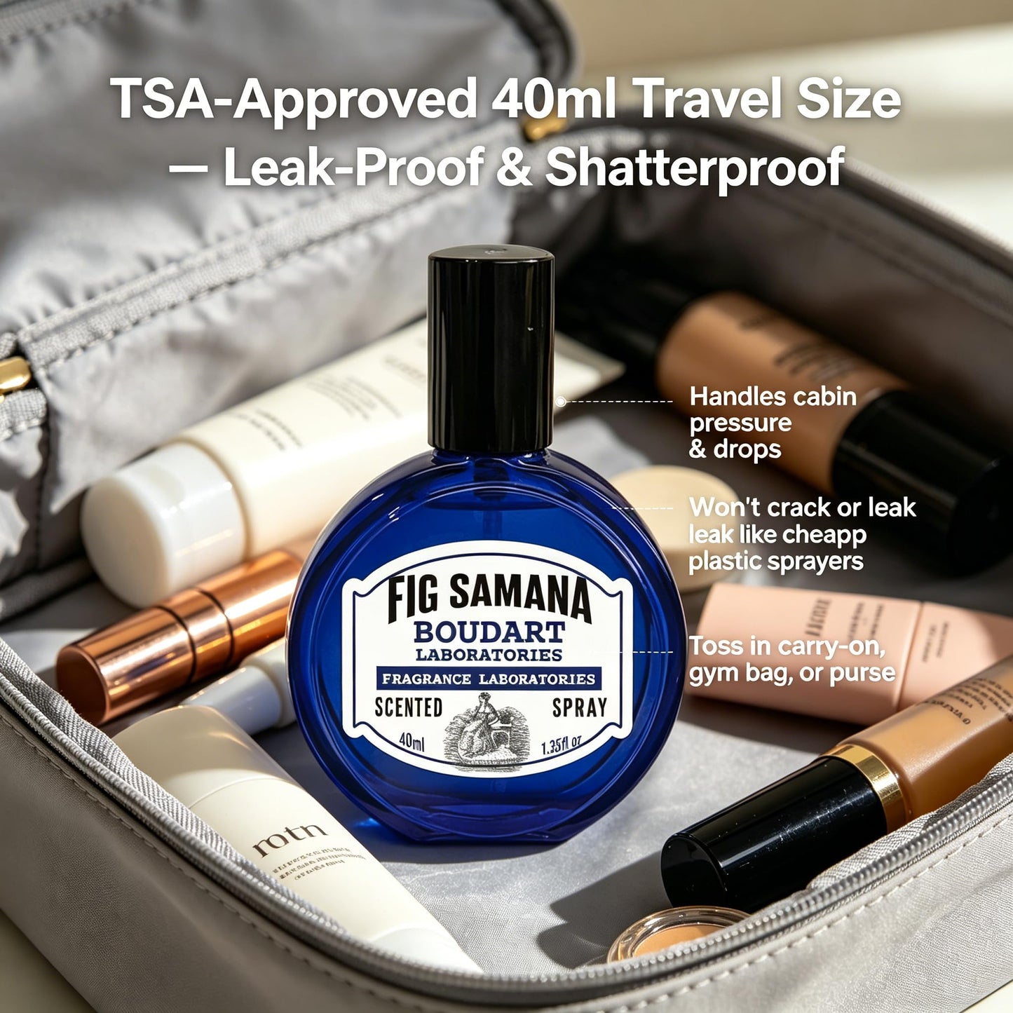 Travel Wrinkle Release Spray by BOUDART LABORATORIES - 40ml TSA Approved Fabric Deodorizer Spray & Wrinkle Releaser for Clothes, Couch - Portable Odor