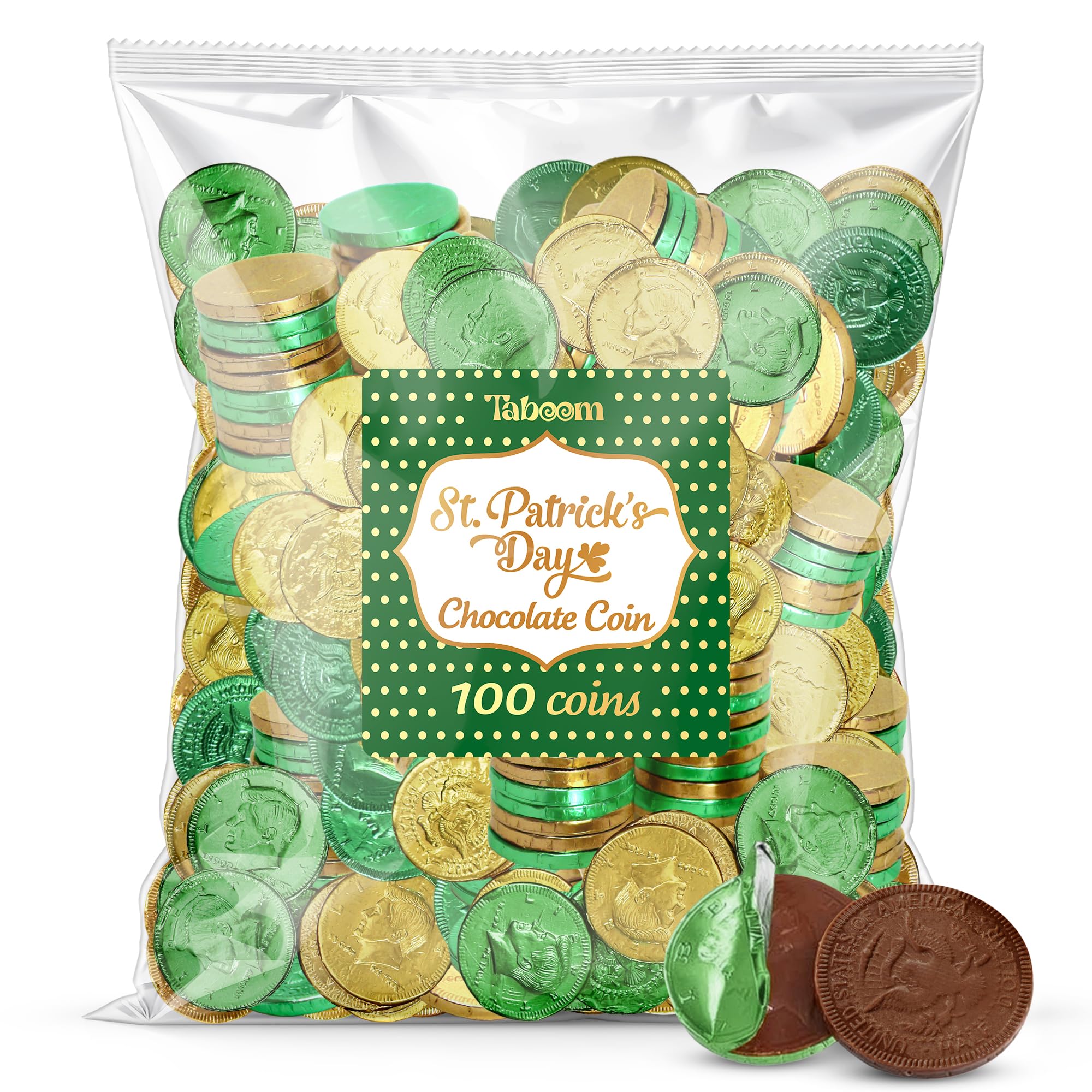 Belgian Milk Chocolate Gold & Green Large Coins - Smooth, Creamy European Chocolate Wrapped in Gold Foil, St. Patrick’s Day Candy for Parties, Parade