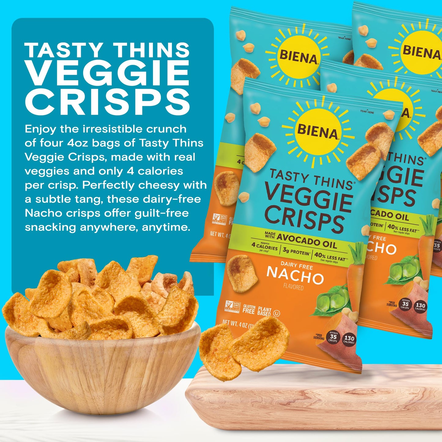 BIENA Tasty Thins Veggie Crisps - Made with Avocado Oil - Nacho, 4-Pk 4oz Bags - Chickpeas & Veggies, Vegan, Gluten Free, Dairy-Free, Non-GMO