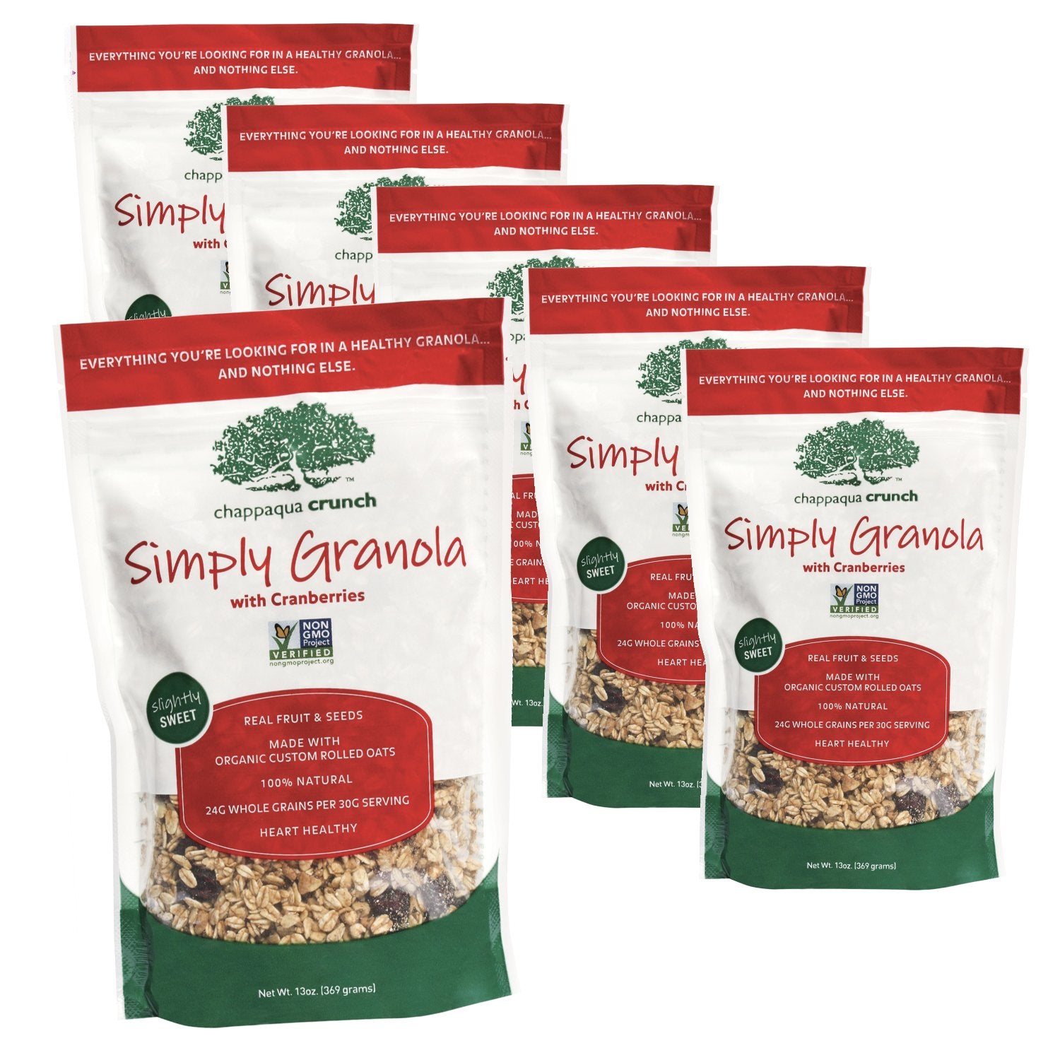 Chappaqua Crunch Simply Granola, Cranberry - Custom Rolled Oats with Sweetened Dried Cranberries - 13oz Pouch (Pack of 6)
