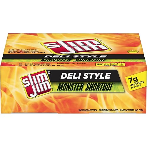 Slim Jim Monster Shortboi Smoked Meat Sticks, Deli Style Original Flavor, 7g Protein Per Stick, Snack Size, 0.9 oz. (24 Count)