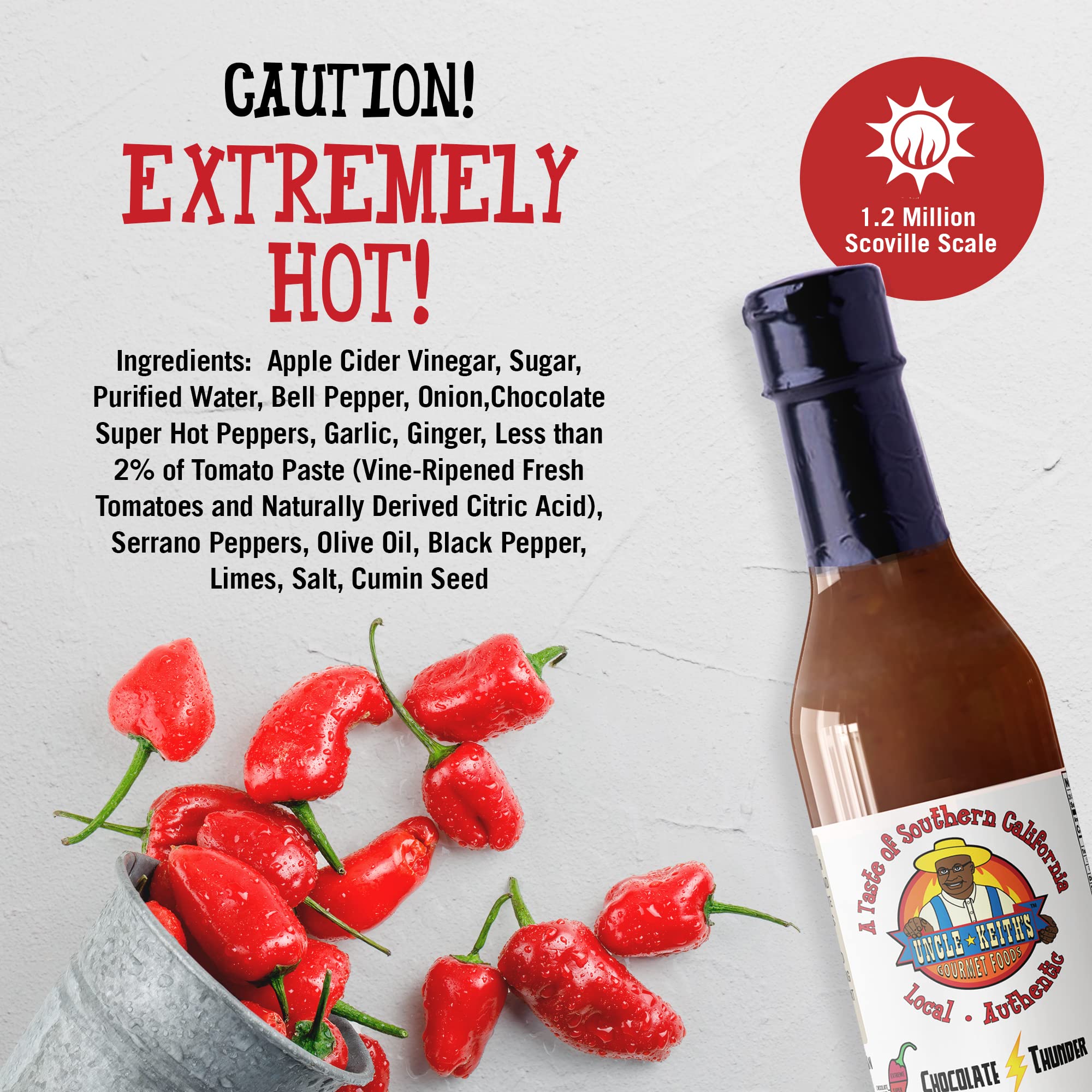 Uncle Keith’s - Chocolate Thunder Gourmet Chili Hot Sauce, Chocolate Trinidad Scorpion Hot Peppers, 1.2 Scoville Units of Super Hot Sauce, Exotic