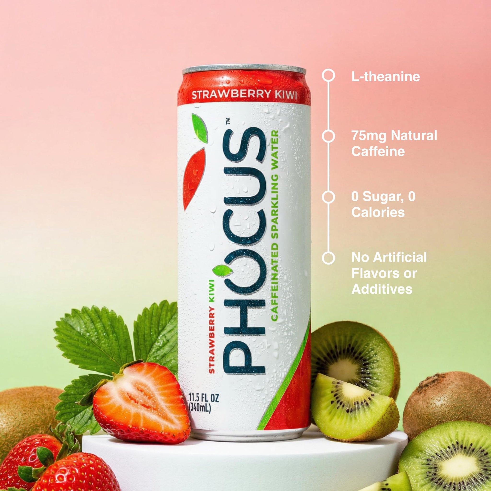 PHOCUS Caffeinated Sparkling Water, Strawberry Kiwi, 75mg Natural Caffeine Plus L-Theanine, Zero Sugar, Zero Calories, No Artificial Sweeteners, 11.5