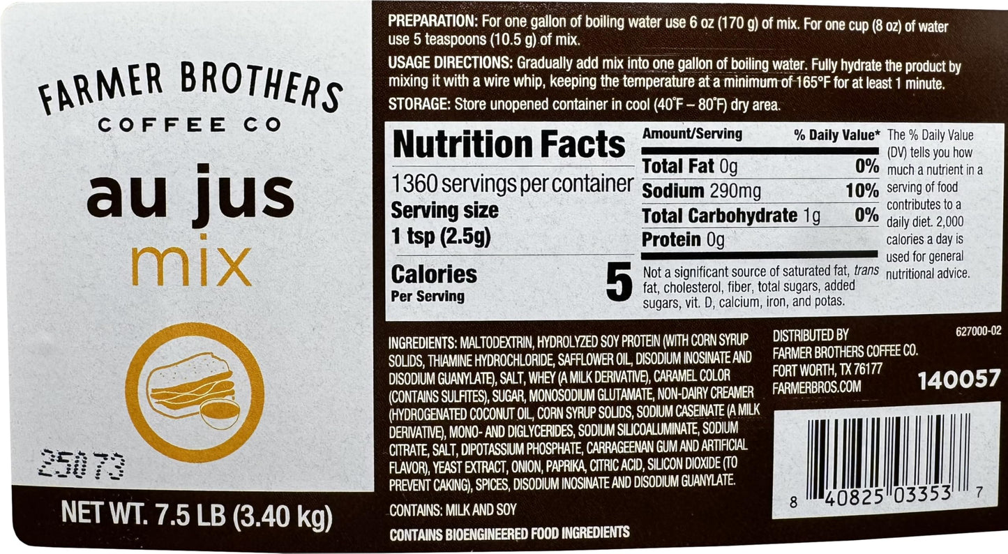 Farmer Brothers Au Jus Mix, 7.5 lb Container - Rich Beef Flavor Seasoning, Foodservice Bulk Powder, Makes Savory Au Jus Sauce