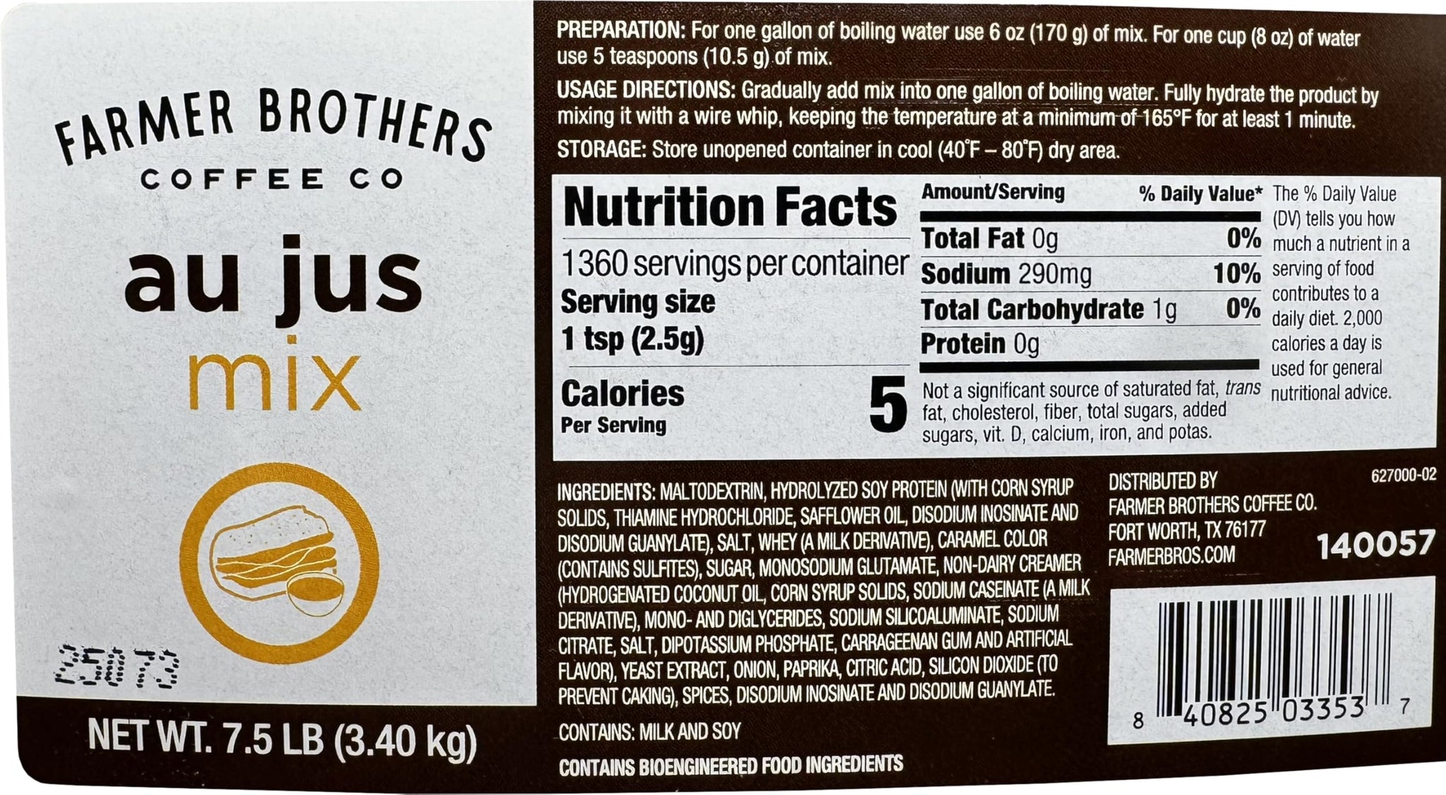 Farmer Brothers Au Jus Mix, 7.5 lb Container - Rich Beef Flavor Seasoning, Foodservice Bulk Powder, Makes Savory Au Jus Sauce