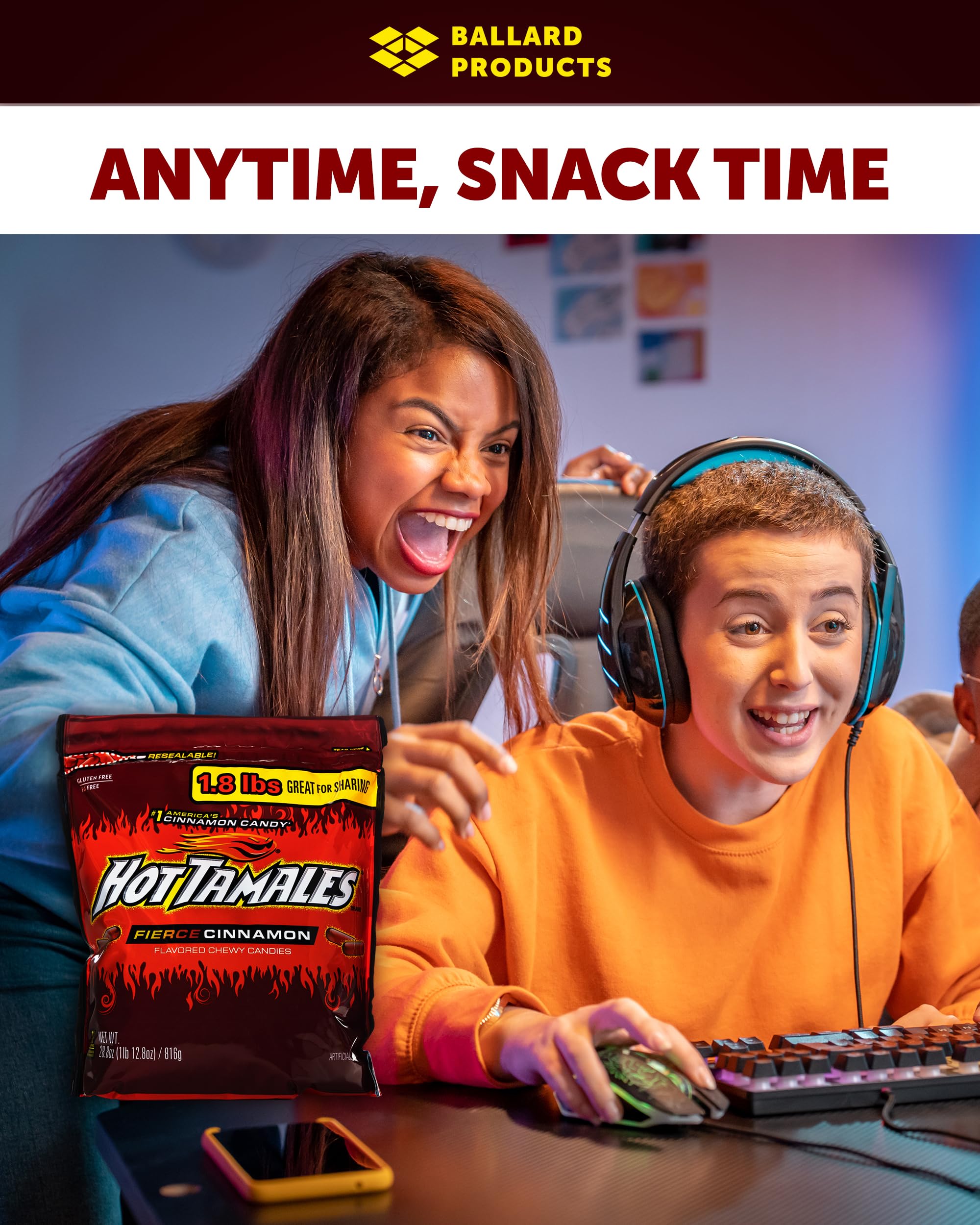 Hot Tamales Cinnamon Chewy Candy Pack of 1 Big Bag - 1.8lb Each - Bulk Candy Bundle of Spicy Cinnamon Candy - Bundle with Ballard Products Resealable