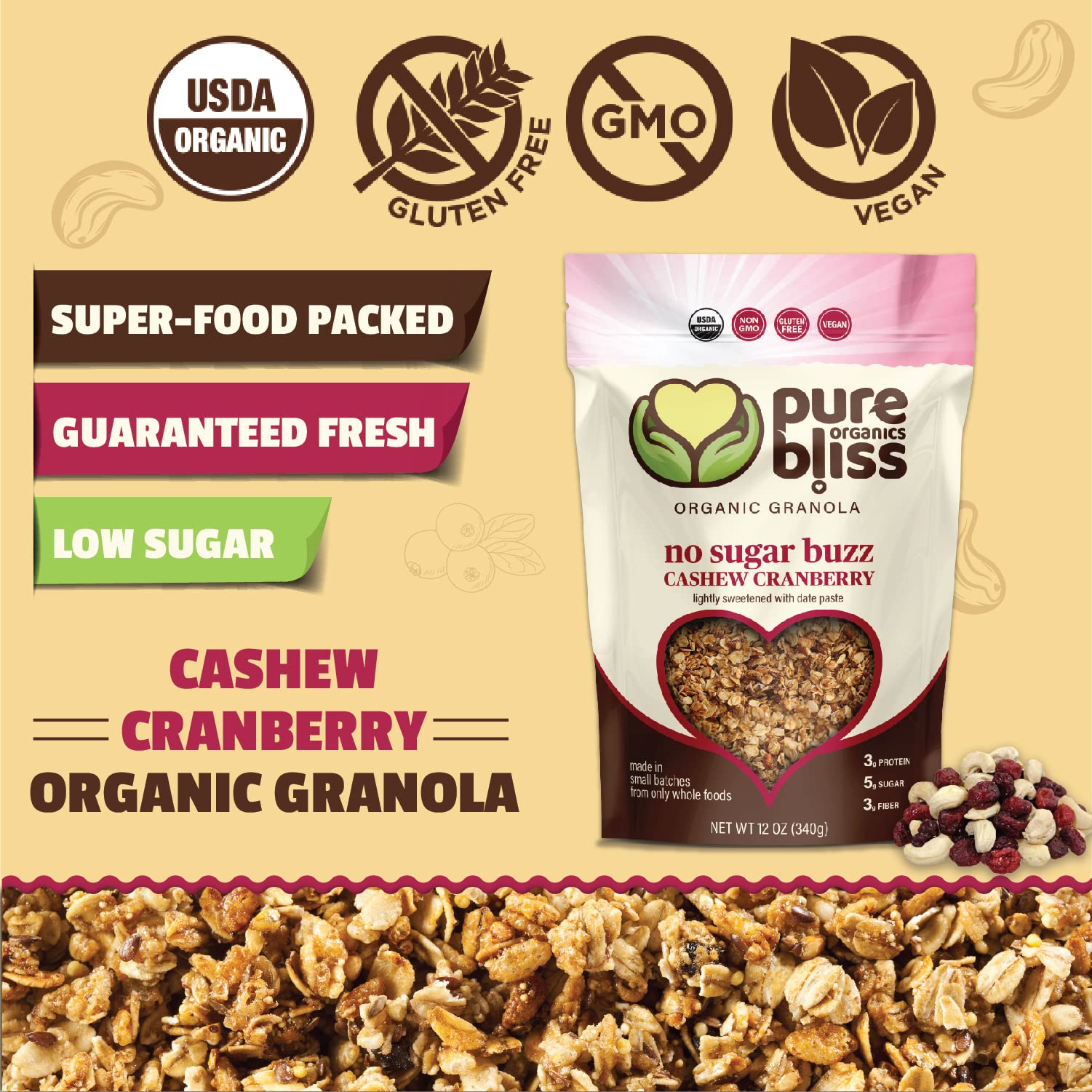 Pure Bliss Organics NO SUGAR BUZZ CASHEW CRANBERRY GRANOLA, Certified Organic and Gluten Free, Vegan, Non GMO, Low Glycemic, Low Sugar Alternative
