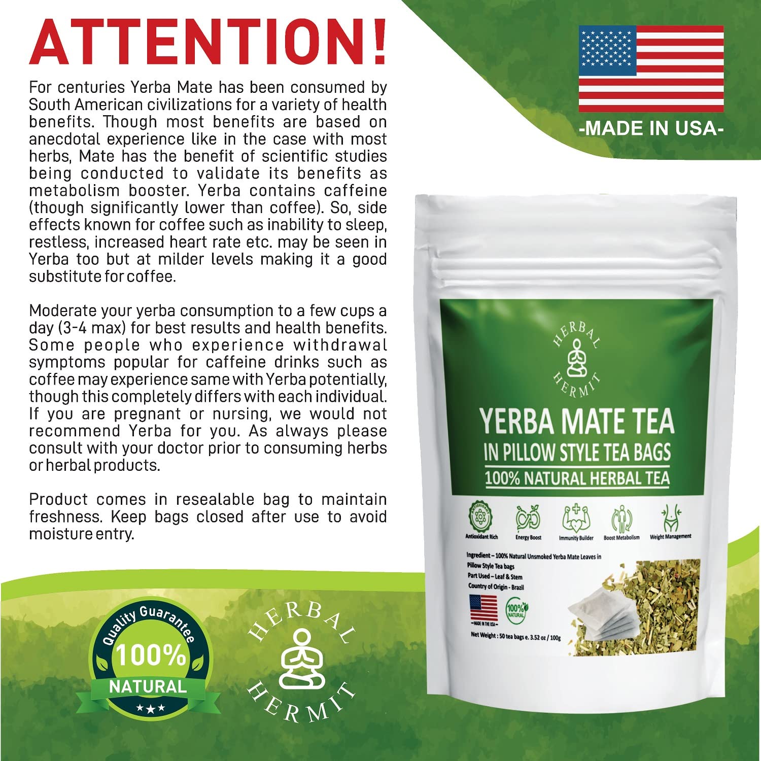 Yerba Mate Tea Bags | Premium Unsweetened Yerba Mate | Chlorogenic Acid Tea | Natural Energy Boost | 50 Tea Bags