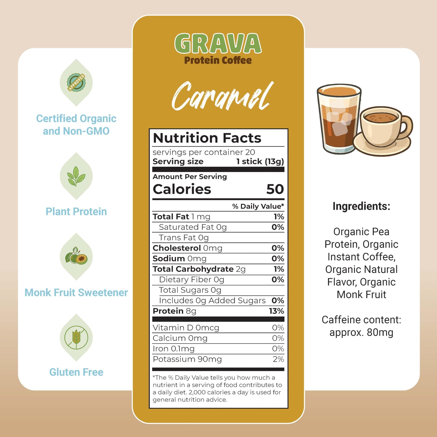 Grava Organic Plant Protein Coffee Sticks Caramel - 8g Plant Protein, 80mg Caffeine - Monk Fruit Sweetener - USDA Organic, Non-GMO & Fair Trade