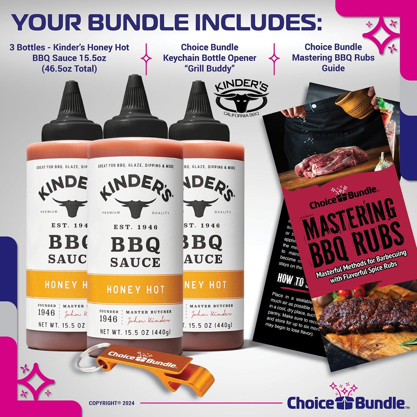 Kinder’s Honey Hot BBQ Premium Barbecue Sauce 3 Pk (46.5 oz) Great to Dip Toss Glaze & More + Barbecue Masters & Bottle Opener (5 Items)!