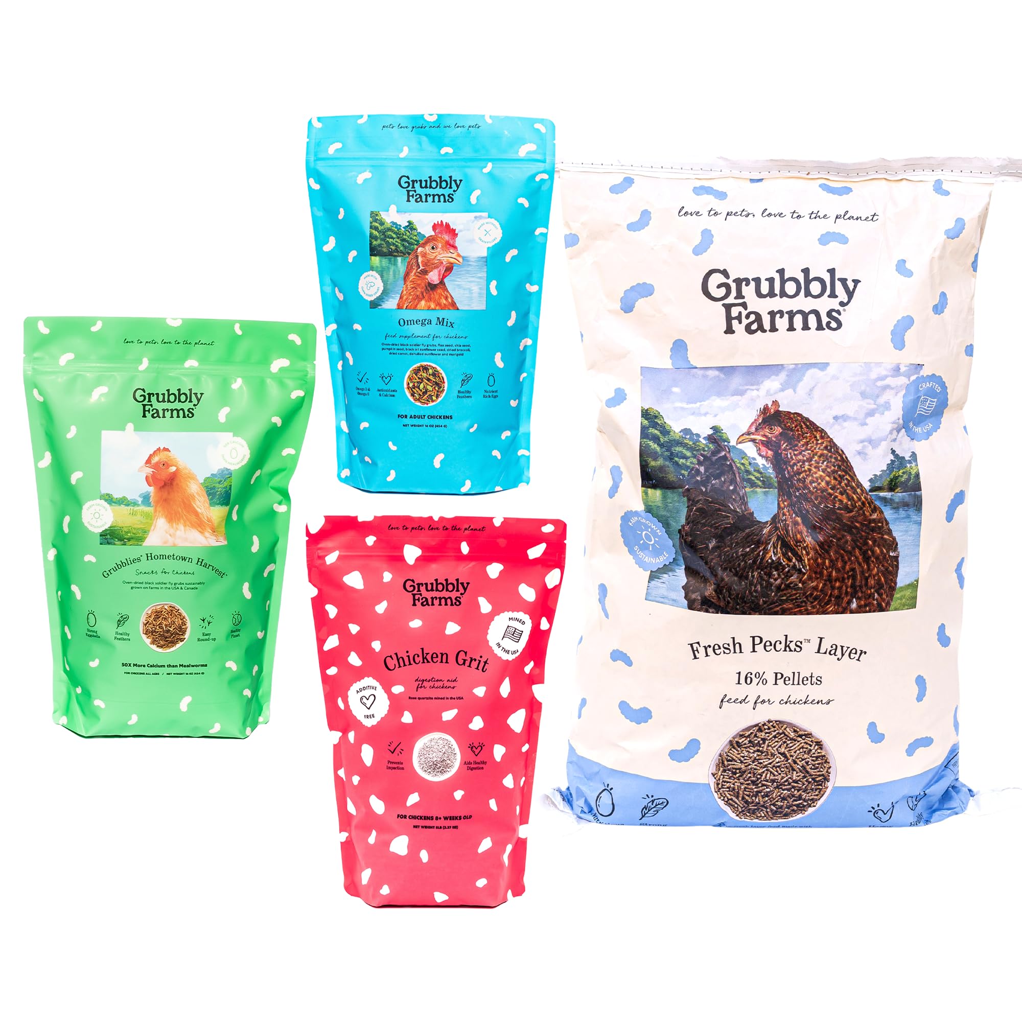 Grubbly Farms Adult Chicken Bundle - Chicken Grit, Fresh Pecks Layer Feed Pellets, Omega Mix & Grubblies - Complete Nutrition, Proper Digestion